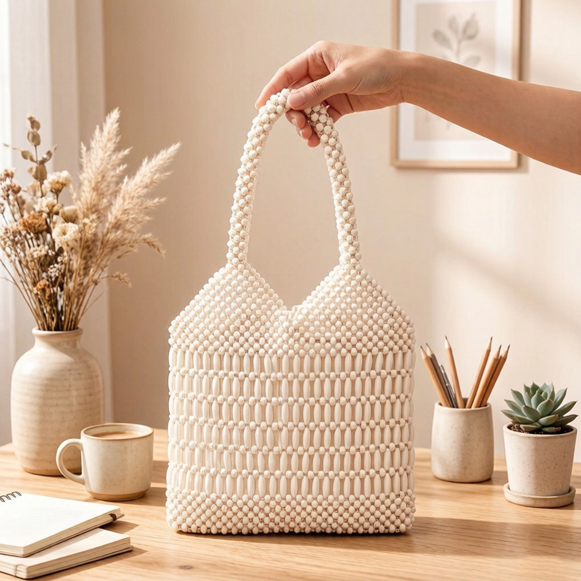 Alilang Women's Beaded Tote Bag Structured Wooden Bead Handbag Open Weave Large Shoulder Bag Lightweight Carryall Purse