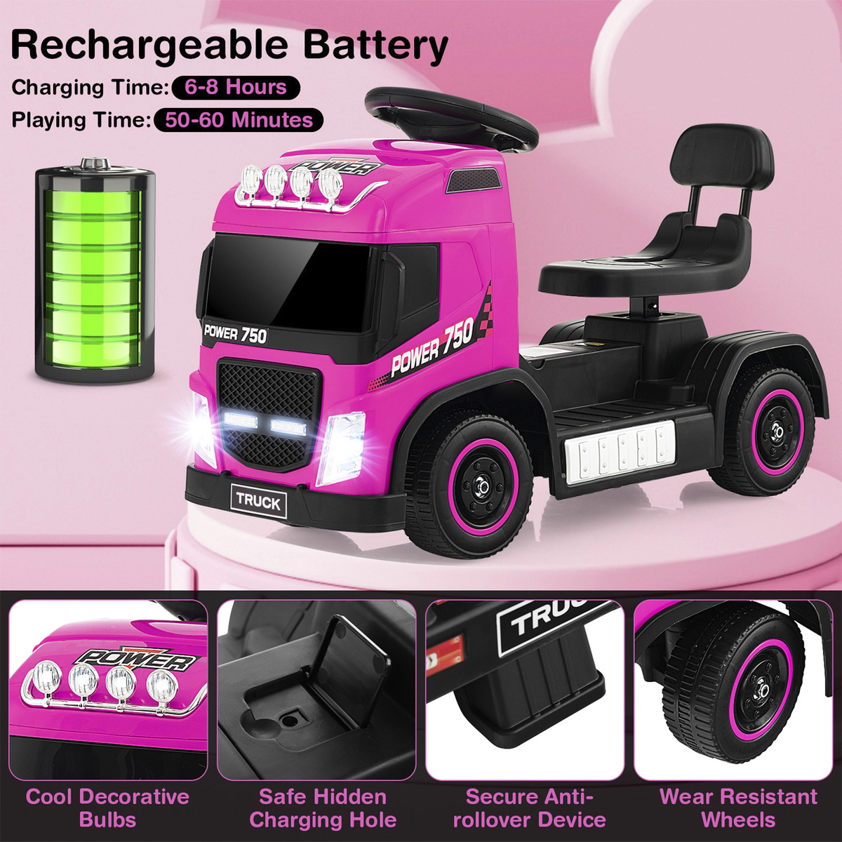SUGIFT 6V Kids Electric Ride-on Truck with Height Adjustable Seat 44-lb Capacity Ages 18-72 Months 28-in Long Pink