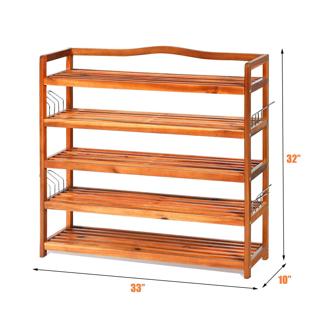 SlickBlue 5-Tier Acacia Wood Shoe Rack with Metal Hooks