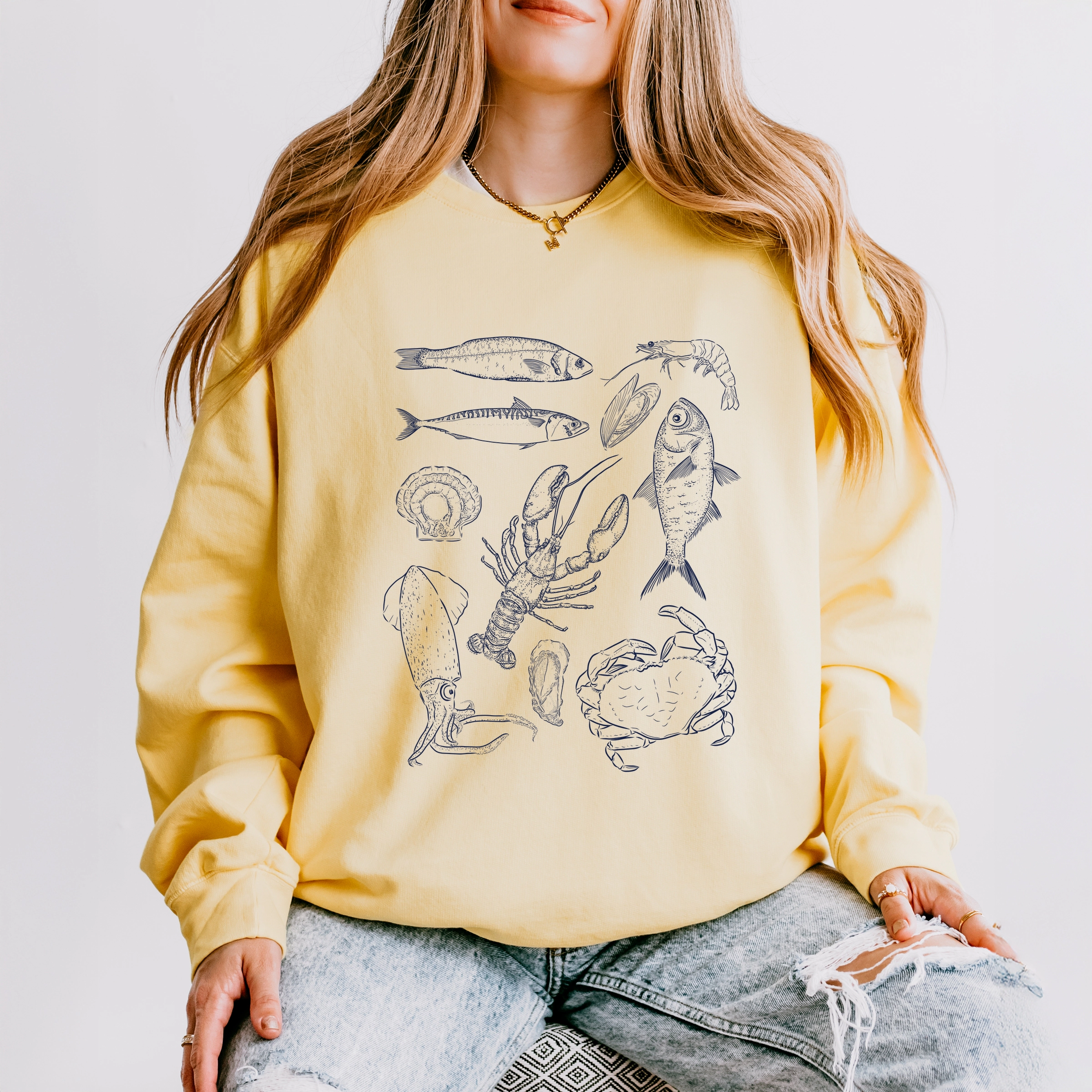Simply Sage Market - Nautical Creatures Sketched Women's Lightweight Garment Dyed Sweatshirt