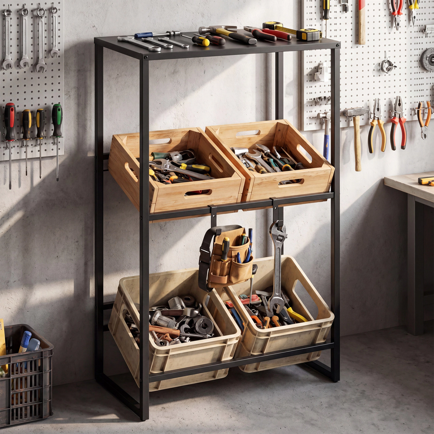 LJG 3-Tier Drink Crate Rack with Shelf for Beer and Water for Kitchen and Garage