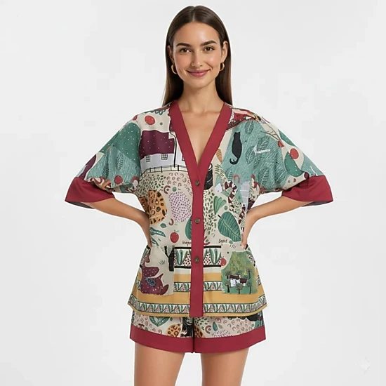 Anna-Kaci Women's Animal Print Pajama Set with Short Sleeves Button Up Top and Contrast Trim Shorts