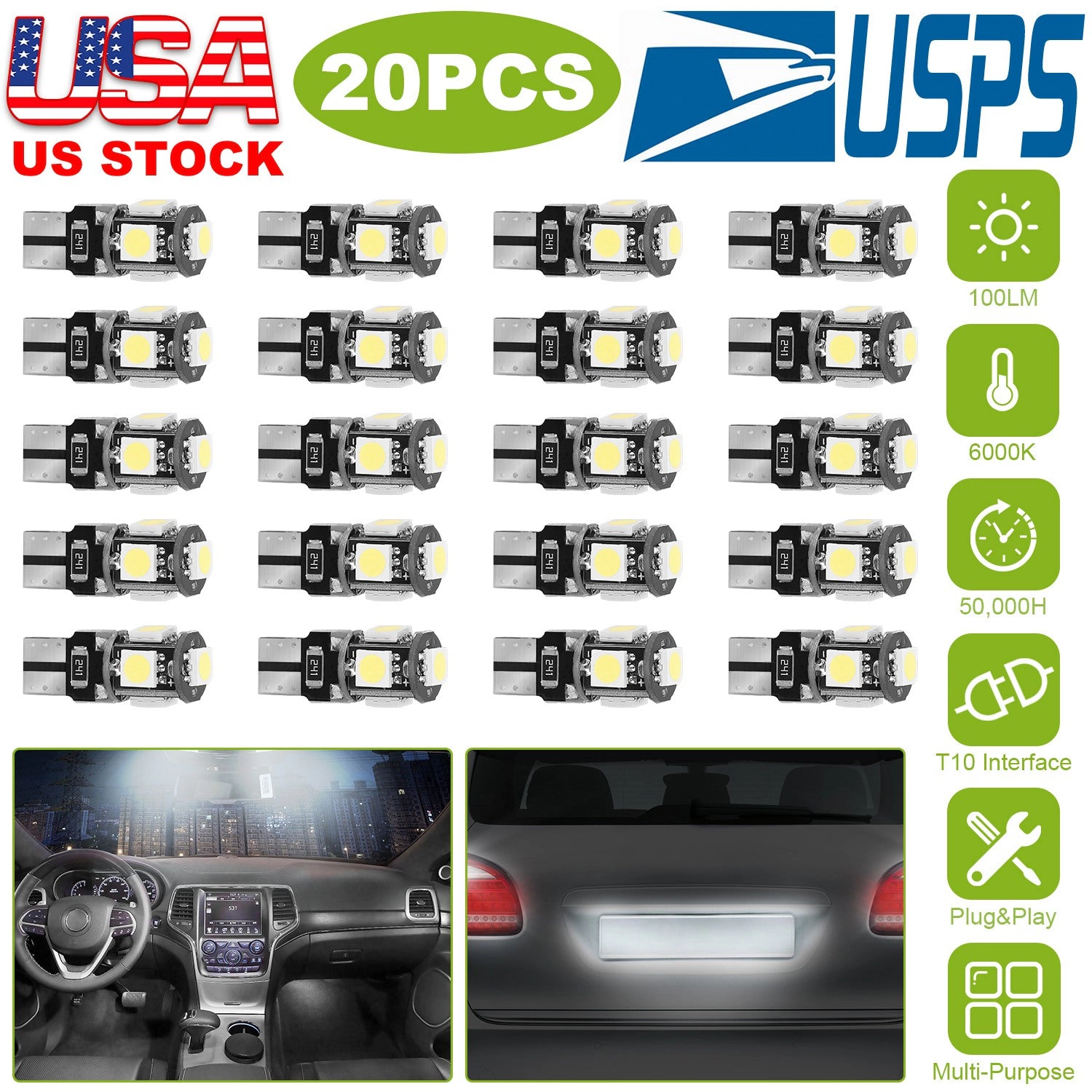 GBruno 20-Piece T10 LED Car Interior Light Bulb Kit