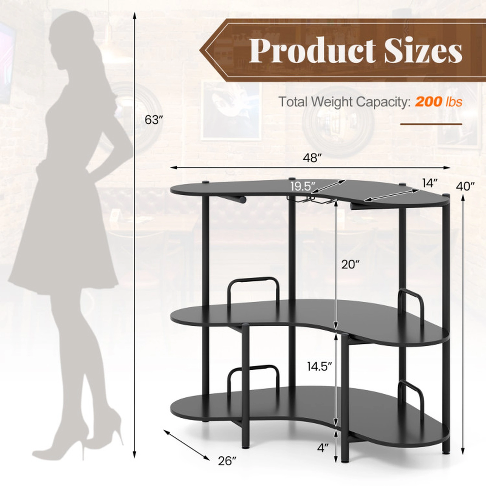 SUGIFT 3-Tier Liquor Bar Table with Stemware Racks and Storage Shelves 200-lb Capacity Rustic Brown & Black