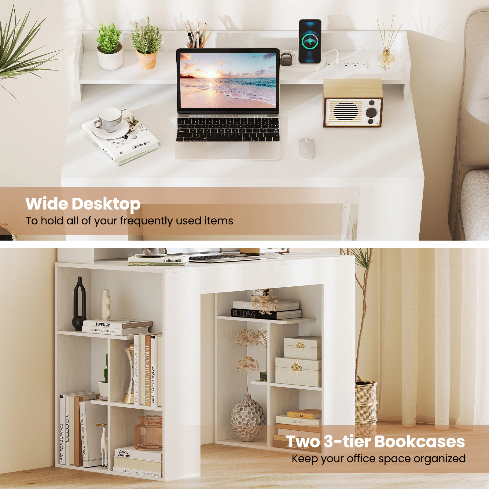 LJG 43 Inch Computer Desk with Power Outlets and 2 Bookcases