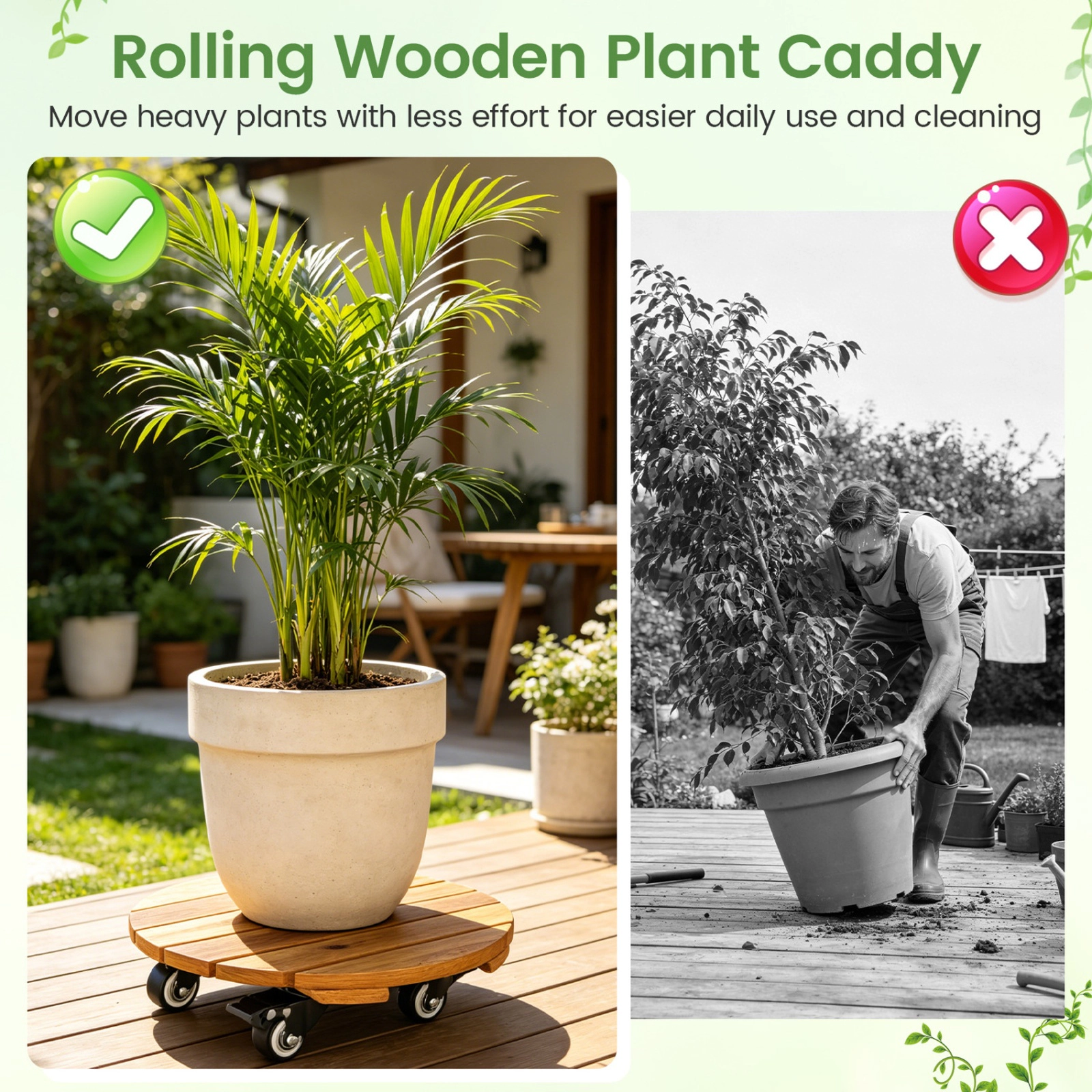 SUGIFT Set of 4 Natural 12-in 175-lb Acacia Wood Rolling Plant Caddy Dolly with Lockable Casters
