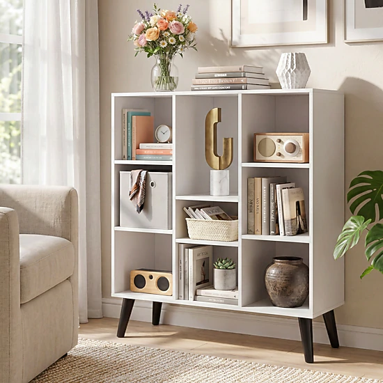 SUGIFT 8-Cube White Bookcase with Raised Splayed Legs 32-in W 12-in D 37.5-in H 220-lb Total Capacity