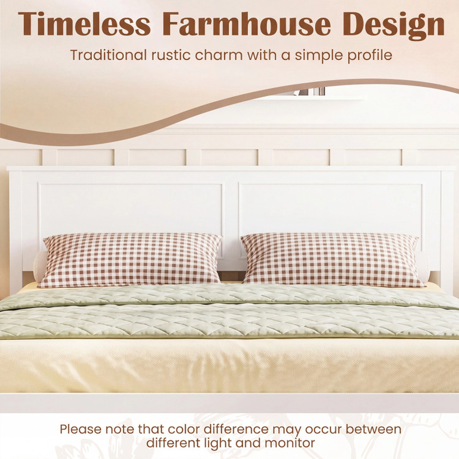 SUGIFT White Panel Headboard Farmhouse Wooden Platform Bed Frame
