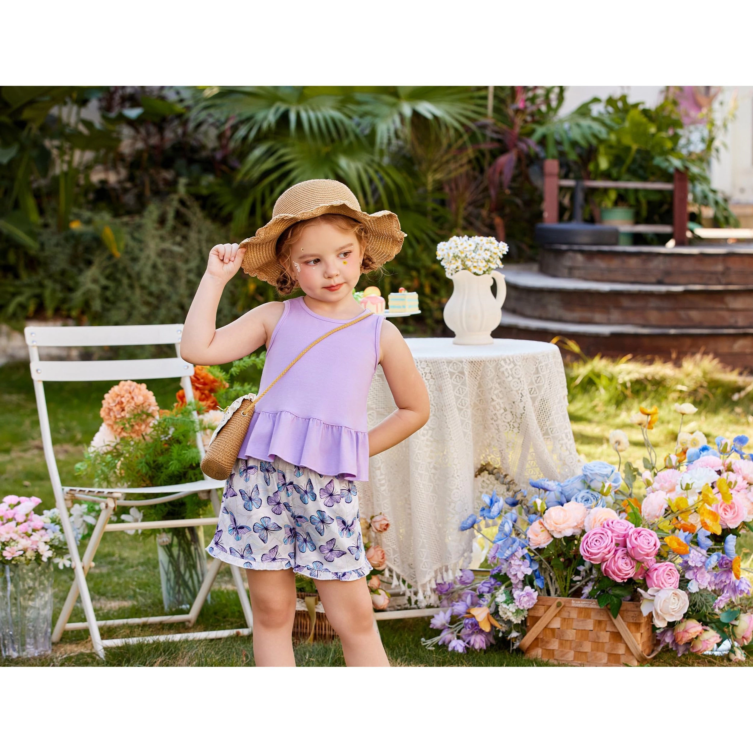 Arshiner Girls Summer Outfit Sleeveless Top And Ruffle Shorts Print