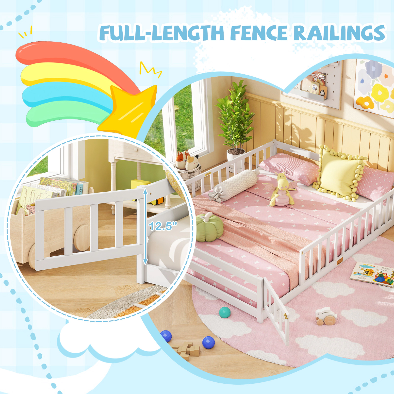 SUGIFT Low-to-Ground Queen Size Montessori Floor Bed Frame Toddler Bed Full-Length Safety Guardrails & Lockable Door