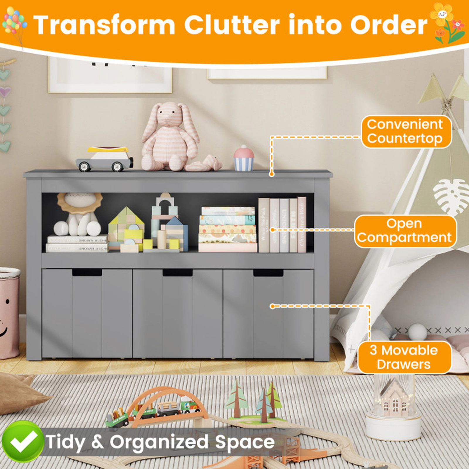 SUGIFT 3-Drawer Wheeled Kid Toy Storage Cabinet with Cube Shelf 110-lb Top Capacity MDF and PB 40-in Wide Gray