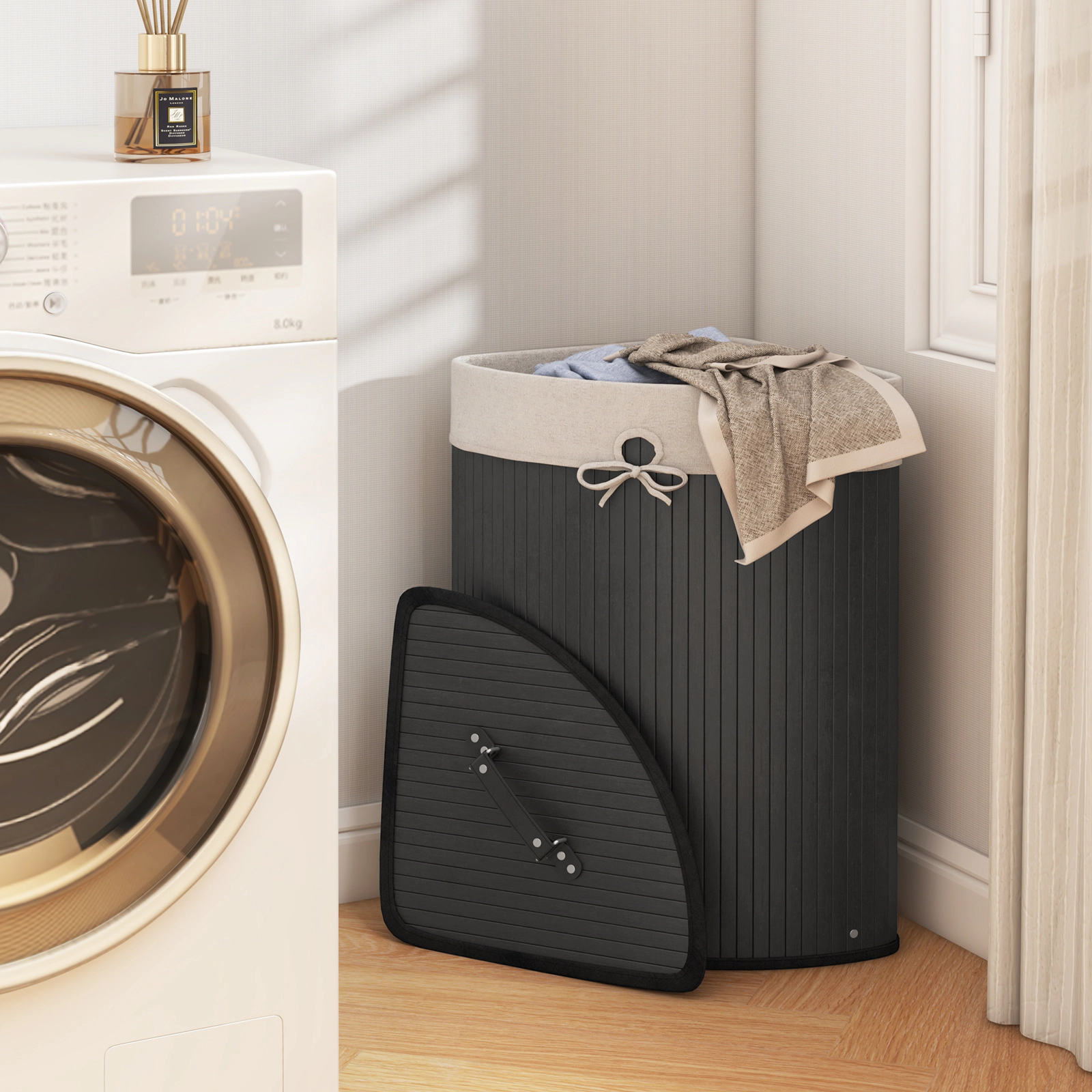 SUGIFT Corner Bamboo Laundry Hamper 58 L with Removable Liner for Bathroom
