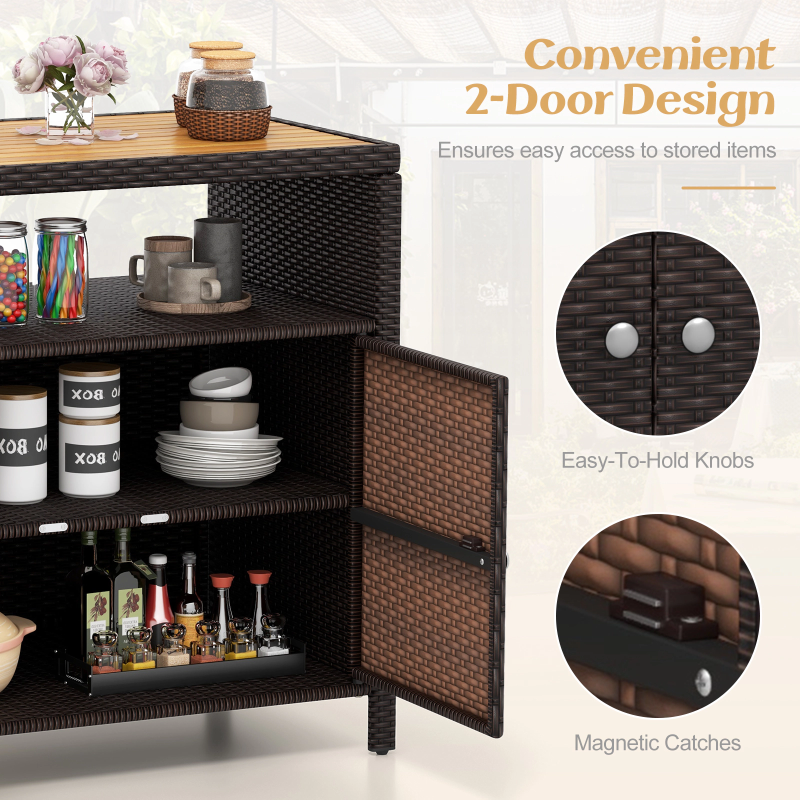 Glintex 35.5-Inch Outdoor Rattan Cabinet with Acacia Wood Countertop, Mixed Brown + Natural