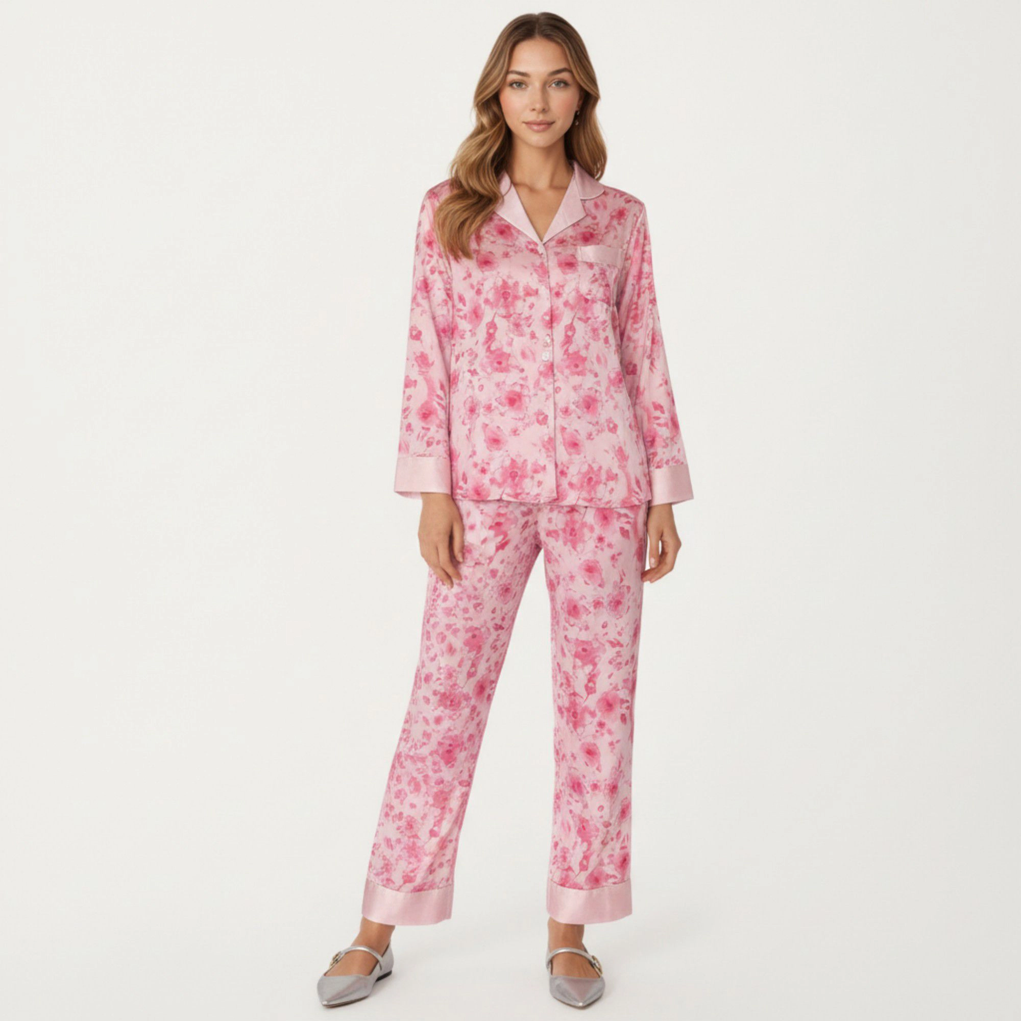 Anna-Kaci Women's 2-Piece Floral Satin Button Front Pajama Top with Contrast Cuffs and Matching Relaxed Fit Lounge Pants