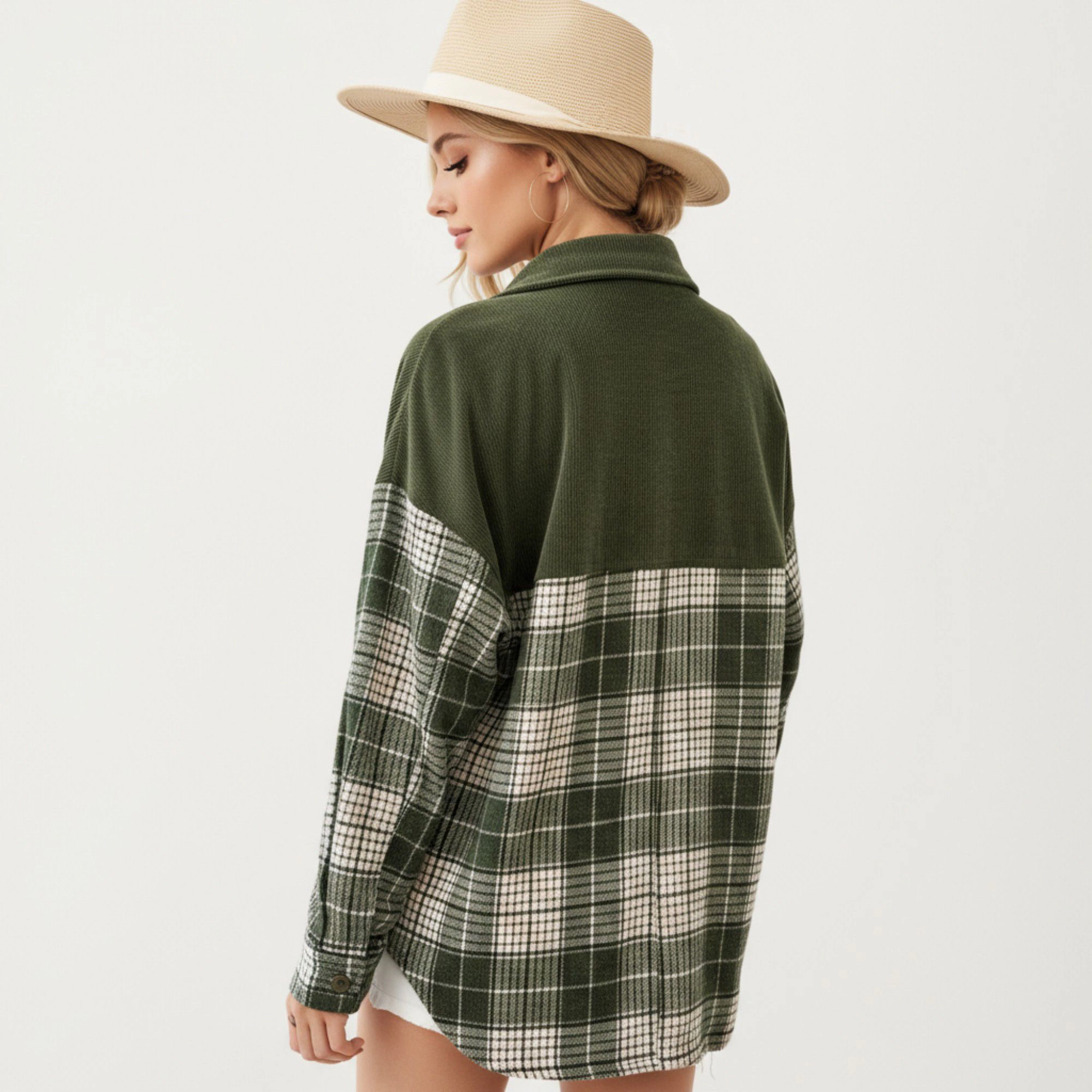 Anna-Kaci Women's Plaid Button Down Shirt Jacket with Chest Pocket Soft Textured Woven Fabric Relaxed Long Sleeve