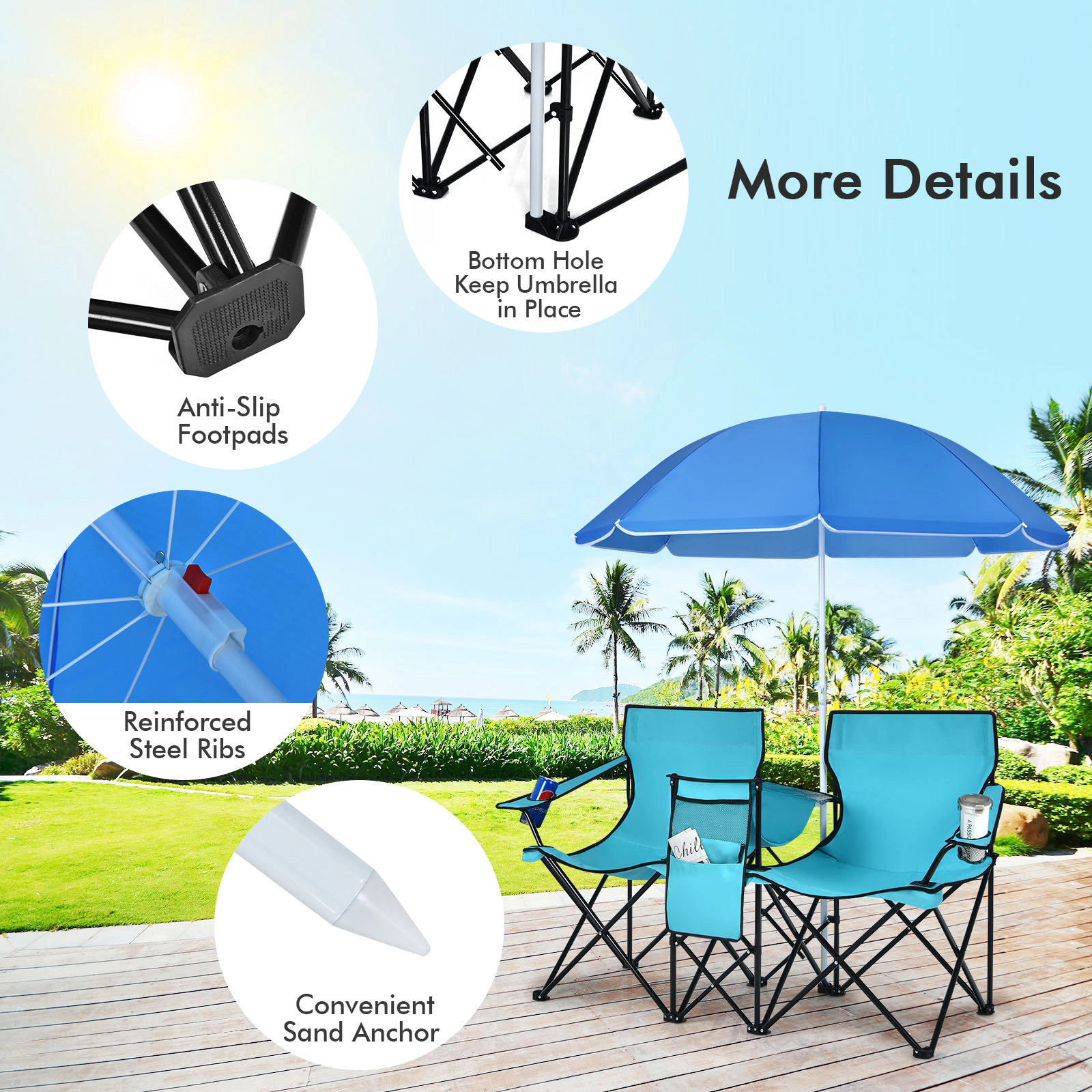 SUGIFT Folding Picnic Double Chair with Umbrella and Cooler Bag 270-lb Capacity Per Seat 600-lb Total Black Blue Gray