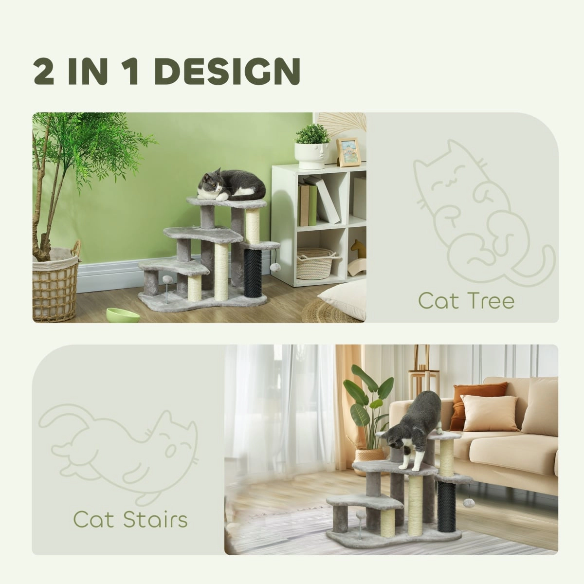 212 Main PawHut 2-in-1 Cat Tree Tower & 3-Step Pet Stairs with Scratching Posts & Toy Balls