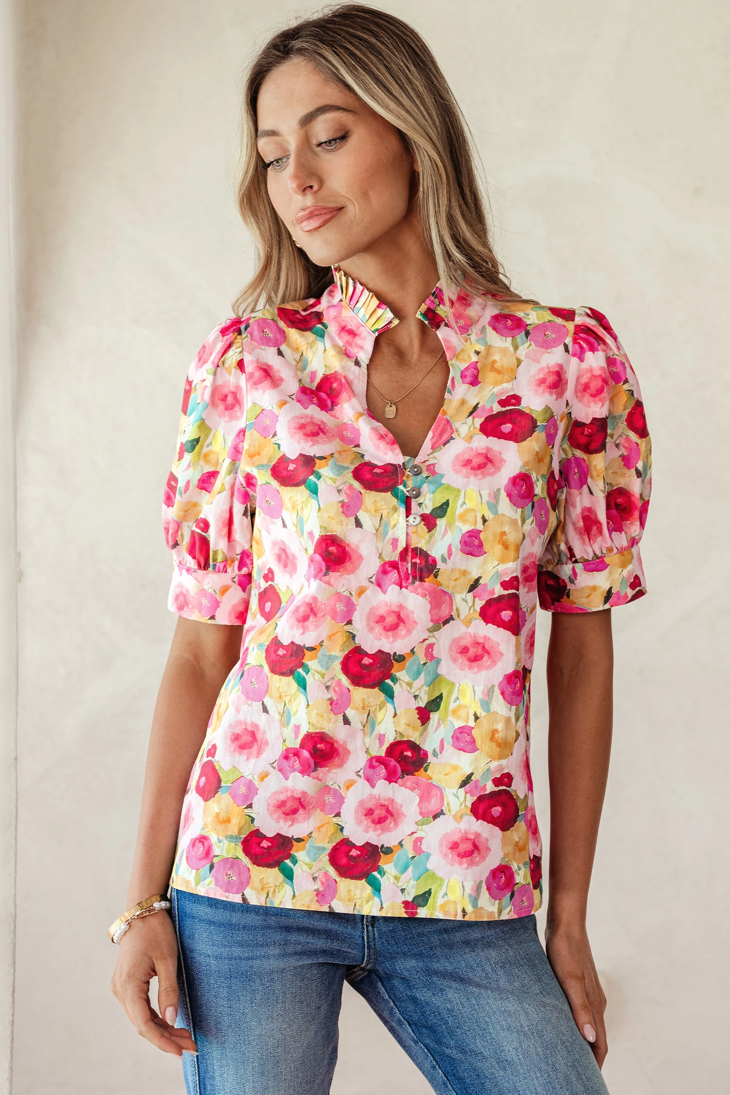 Threaded Pear Charleigh Puff Short Sleeve Floral Blouse