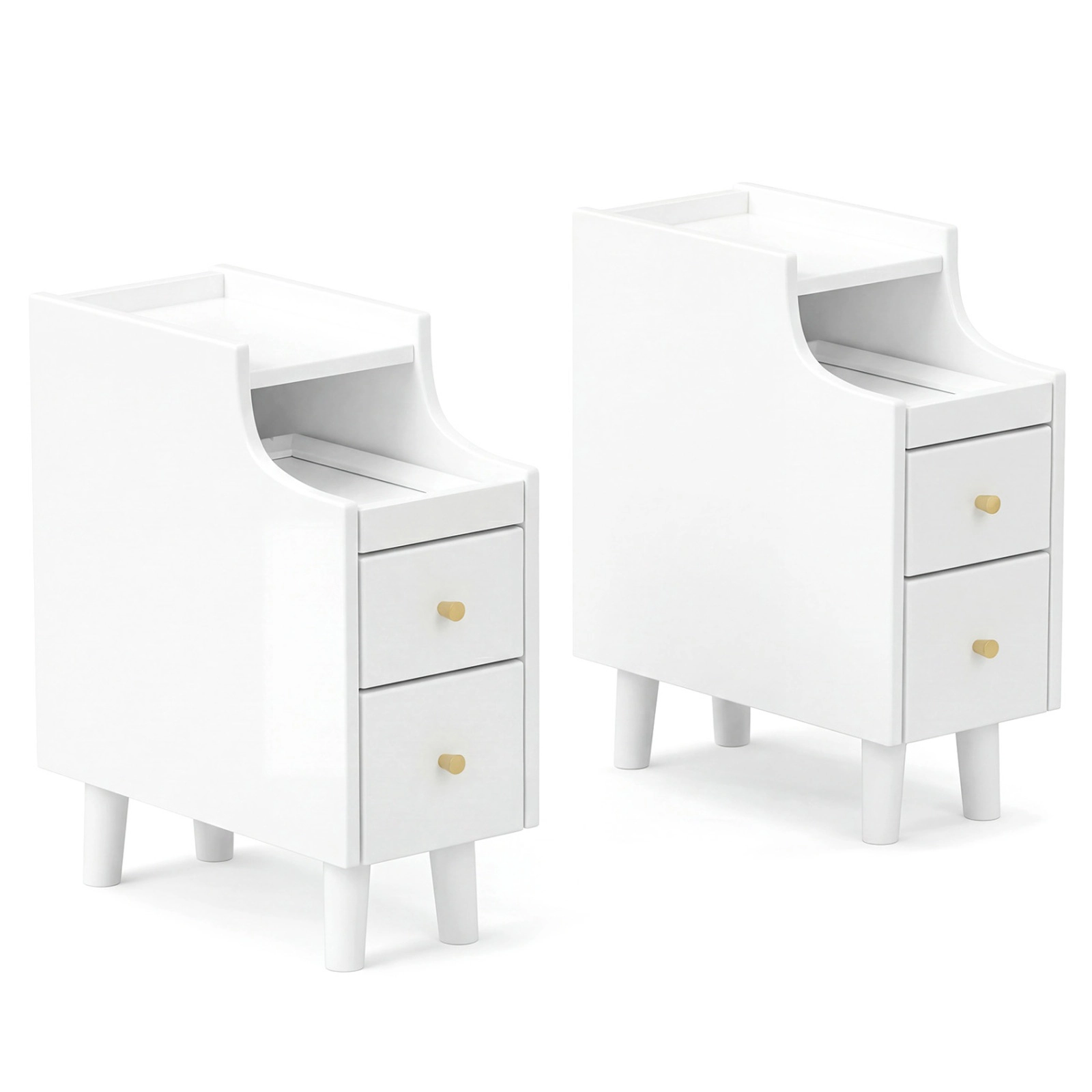SUGIFT Set of 2 White Narrow Nightstands, 20-Inch Bedside Tables with Pull-Out Trays and 2 Drawers