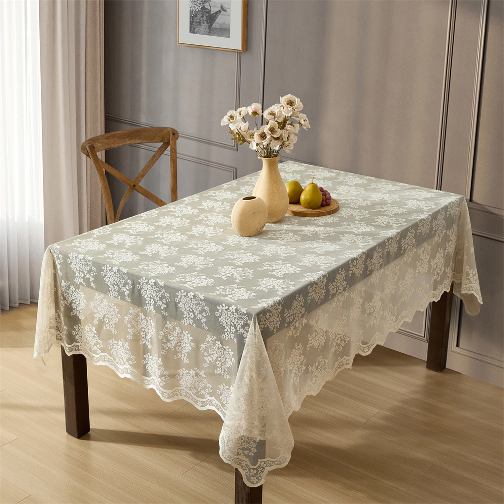 HLC.ME Jolene Floral Scalloped Lace Fabric Wrinkle Resistant Tablecloth