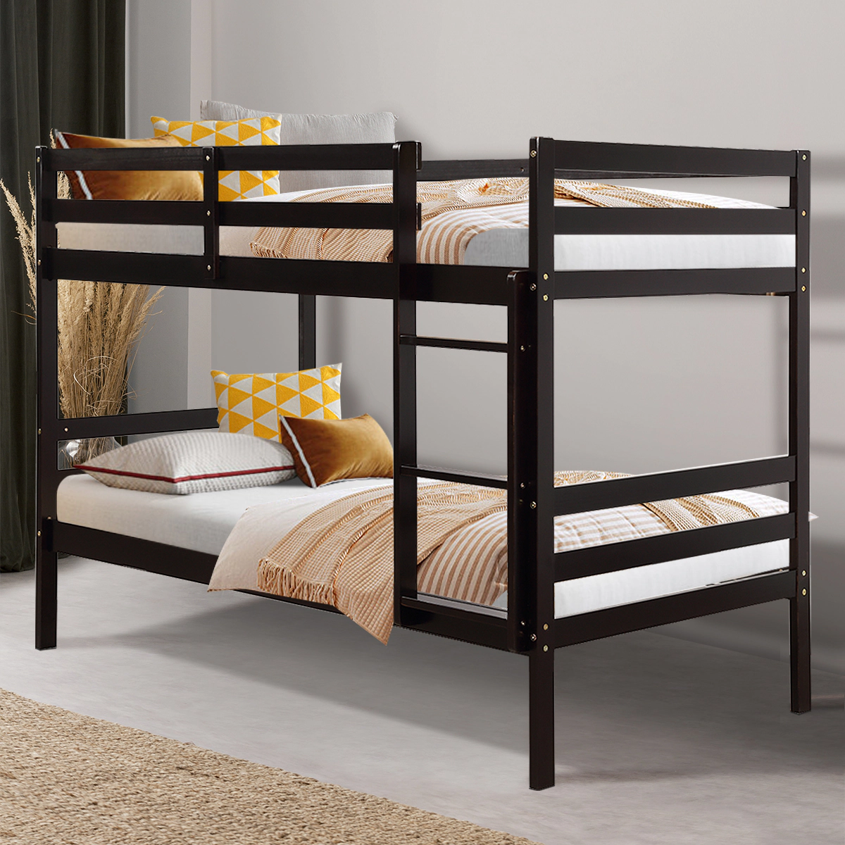 SUGIFT Twin-Over-Twin Bunk Bed with Guardrails and Wide Ladder 330-lb Upper 400-lb Lower Capacity Brown