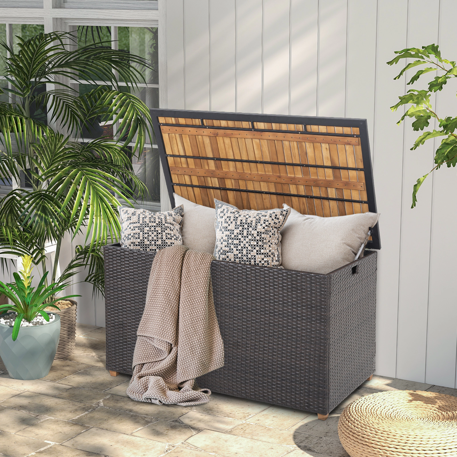 SUGIFT 134-Gallon Zippered Liner Acacia Wood Top PE Rattan Patio Storage Box 51-in x 28.5-in x 28-in 165-lb Top Brown