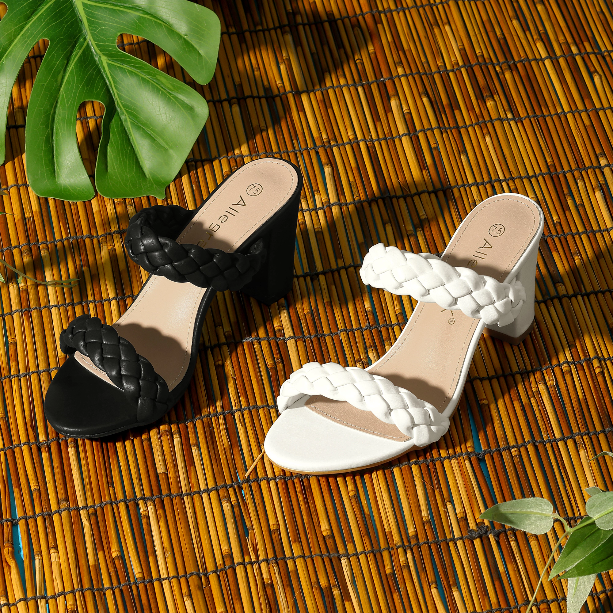 BLISSFUL STEP Women Braided Chunky Heel Slip on Slide Sandals