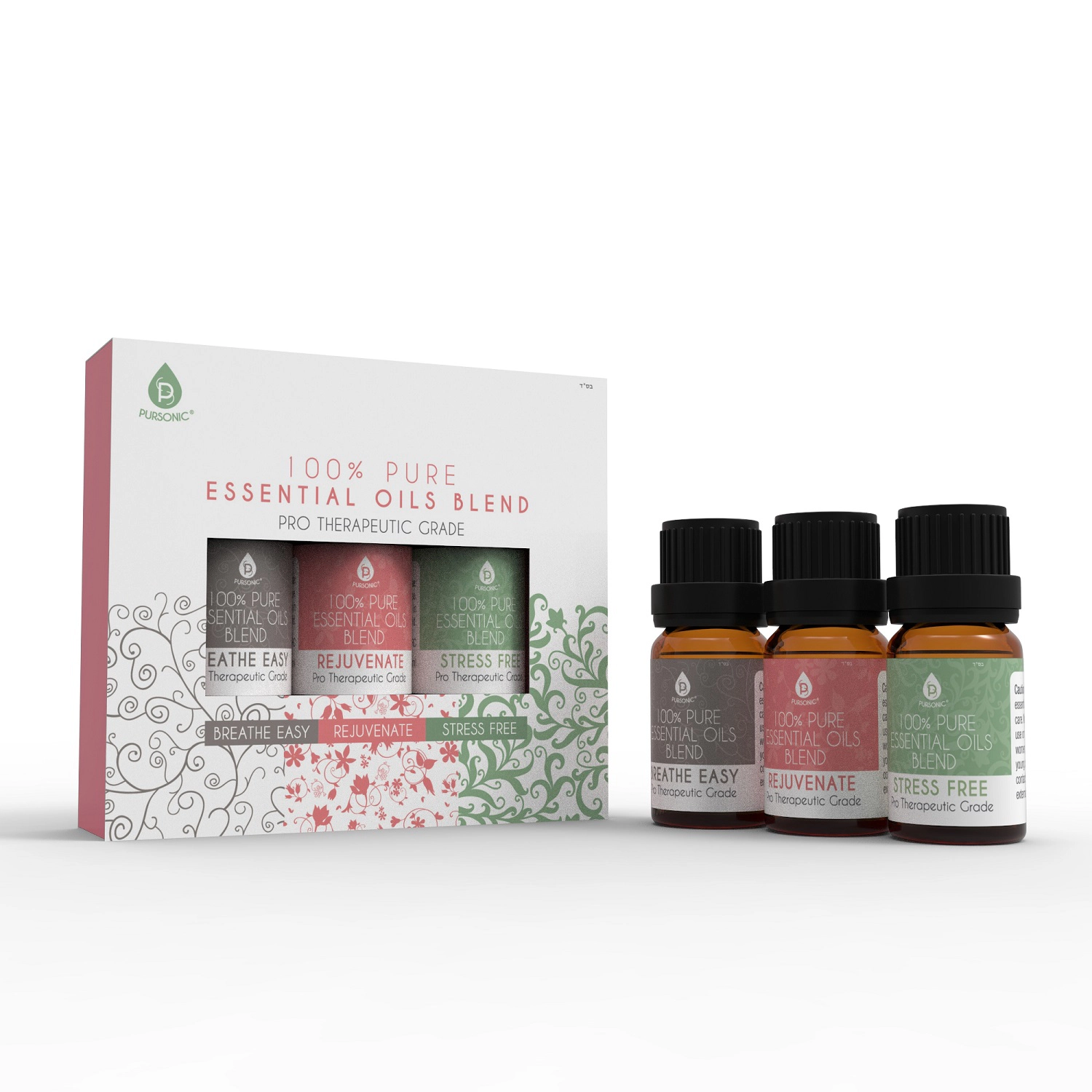 Pursonic Unisex Natural Aromatherapy Essential Oil Set – Stress Relief, Rejuvenating & Breathe Easy Blend Collection