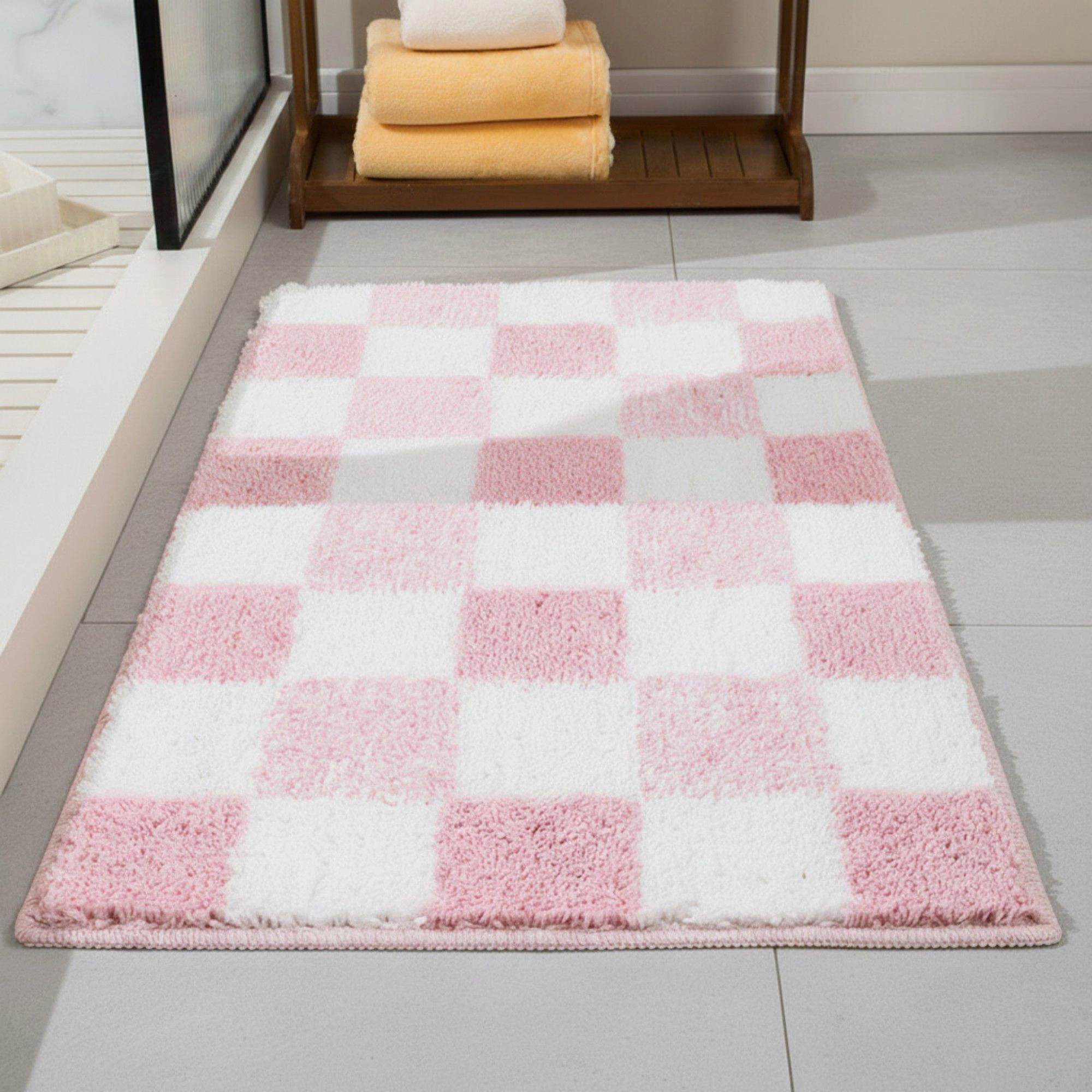 Alilang Unisex Plush Absorbent Bathroom Floor Mat with Grid Pattern Soft Textured Bath Rug for Shower Tub and Sink Areas