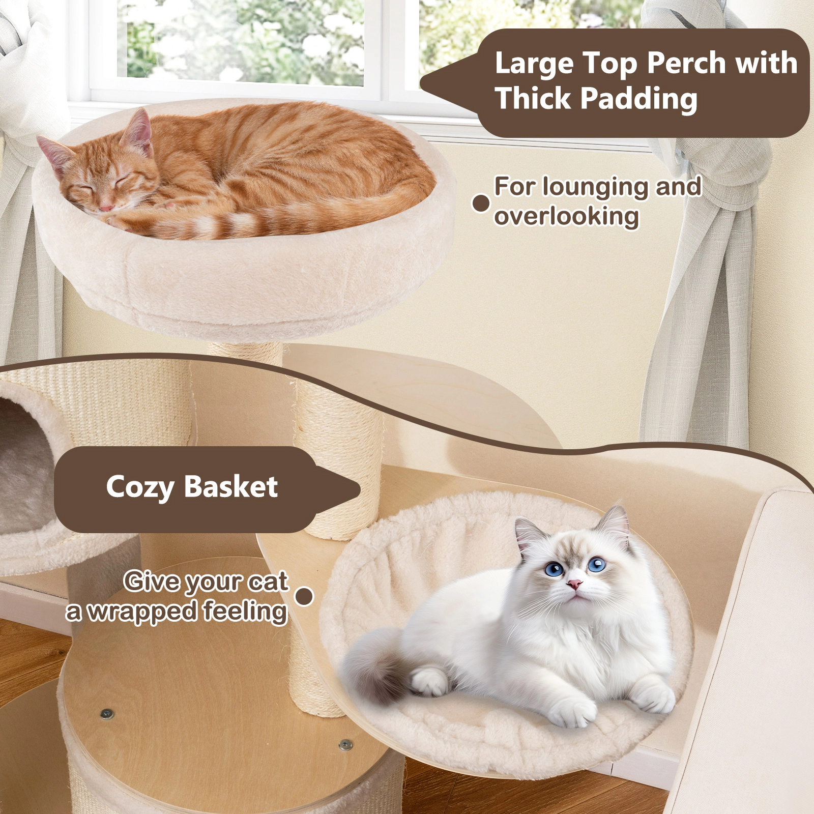 SUGIFT Natural 60 in Wooden Kitten Tower with 2 Condos Basket and Sisal Posts