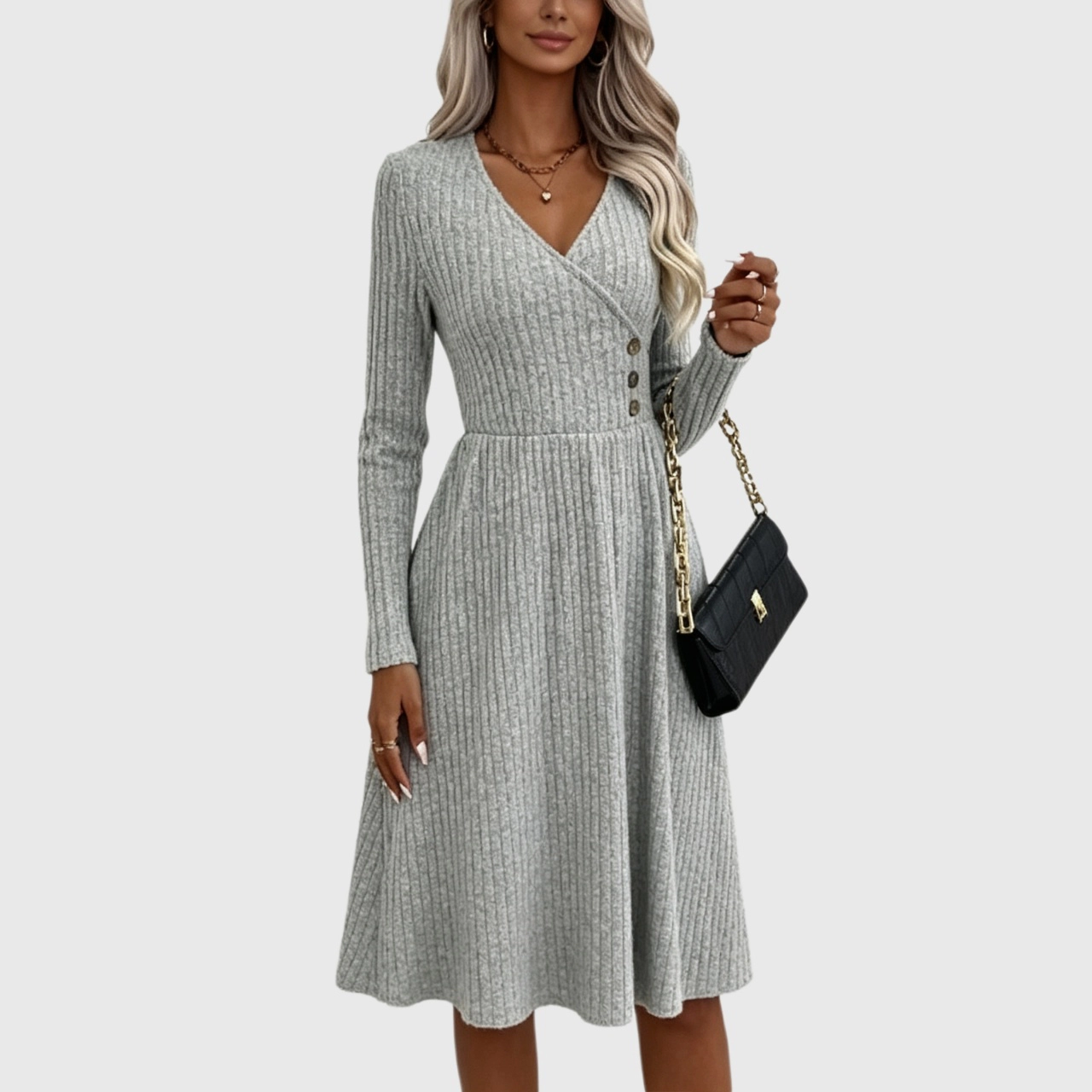YesFashion Womens V Neck Long Sleeve Sweater Dress Casual Fall Ribbed Knit A Line Midi Dress