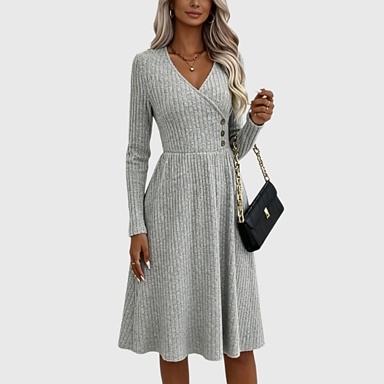YesFashion Womens V Neck Long Sleeve Sweater Dress Casual Fall Ribbed Knit A Line Midi Dress