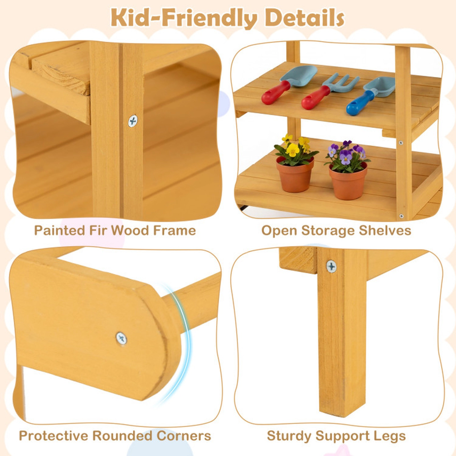 SUGIFT Wooden Outdoor Mud Kitchen with Water Tank Flowerpots and Wheels Ages 3+ Natural & Yellow