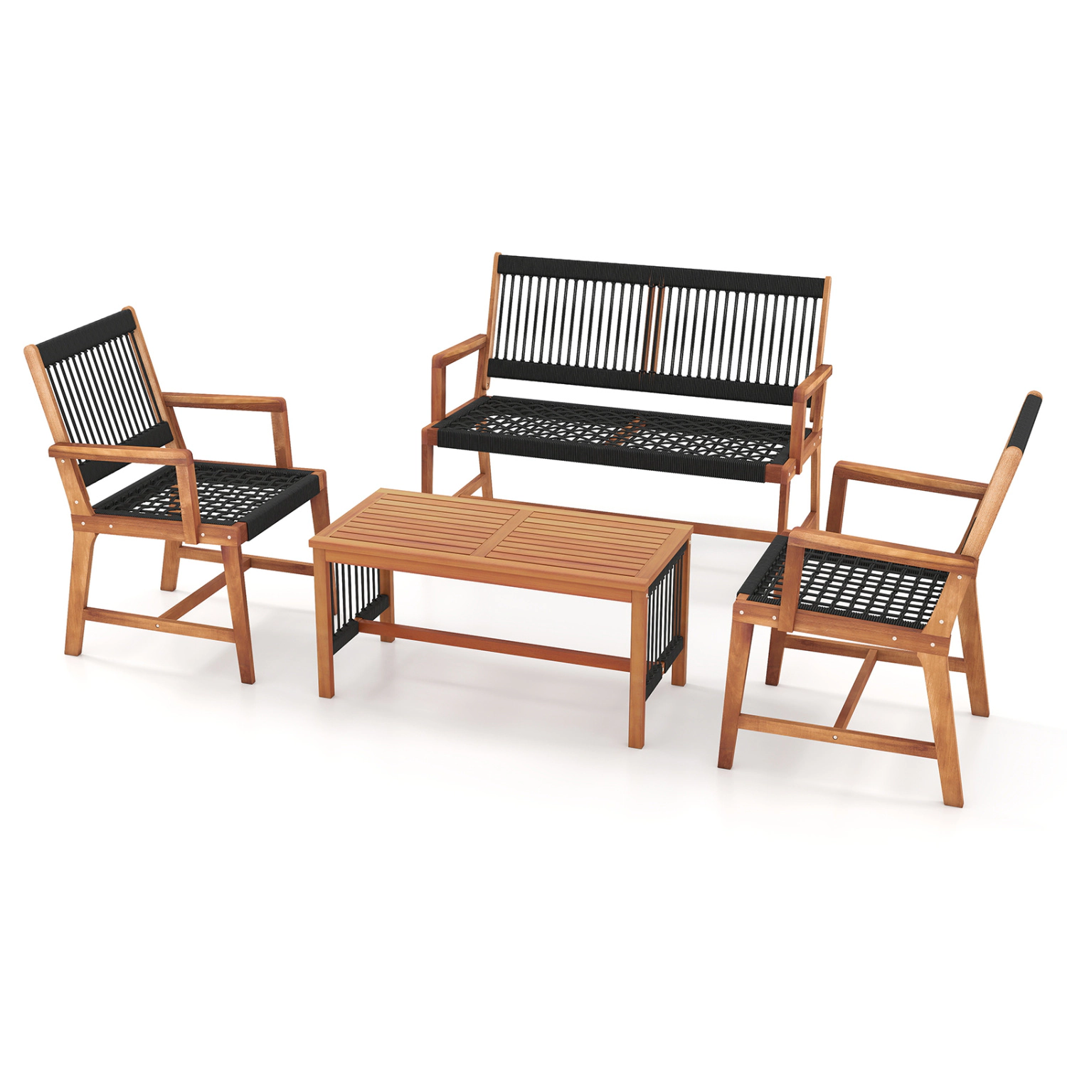 LJG 4 Pieces Acacia Wood Patio Conversation Table and Chair Set with Hand Woven Rope