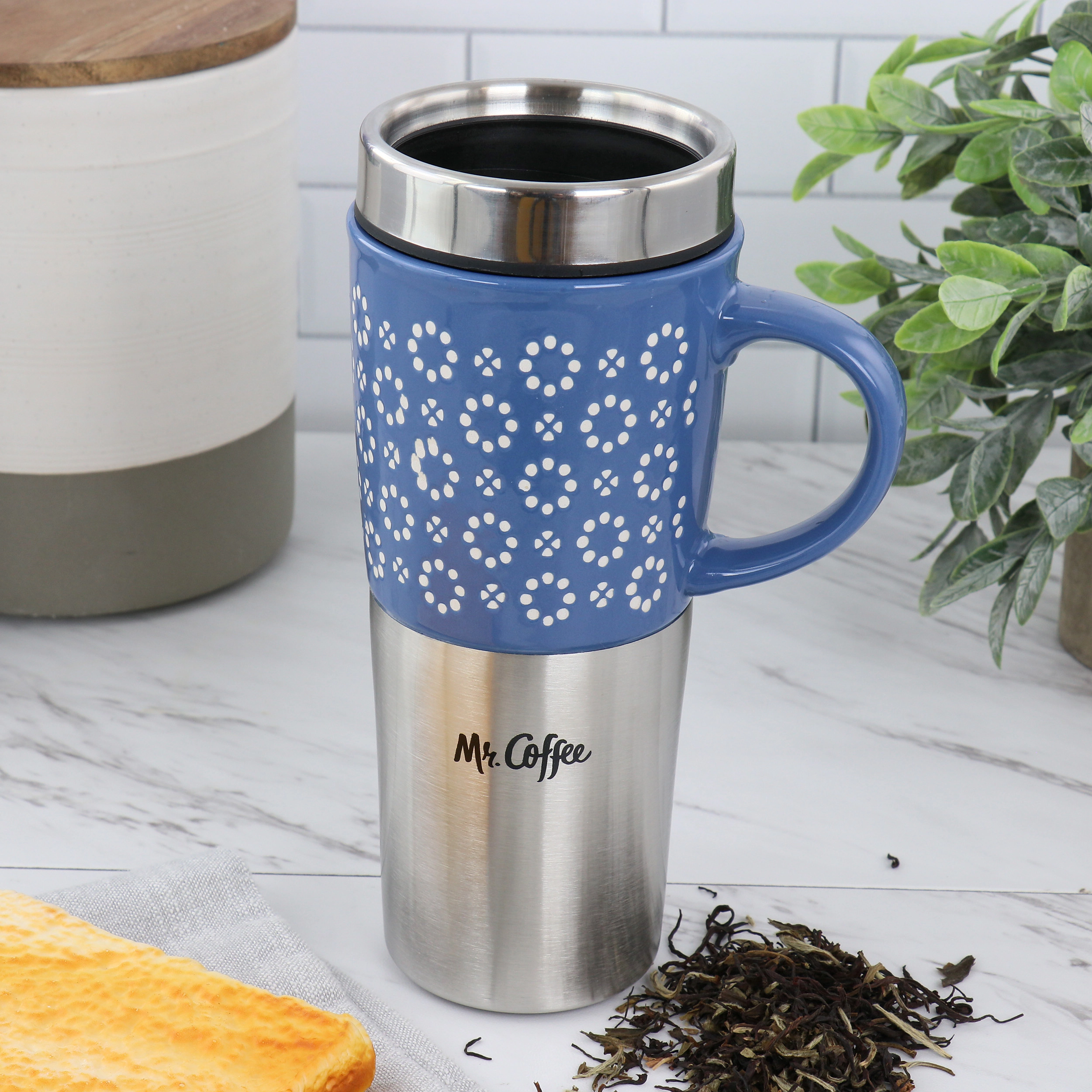 Mr. Coffee Travertine 16 Ounce Stoneware and Stainless Steel Travel Mug With Lid in Blue