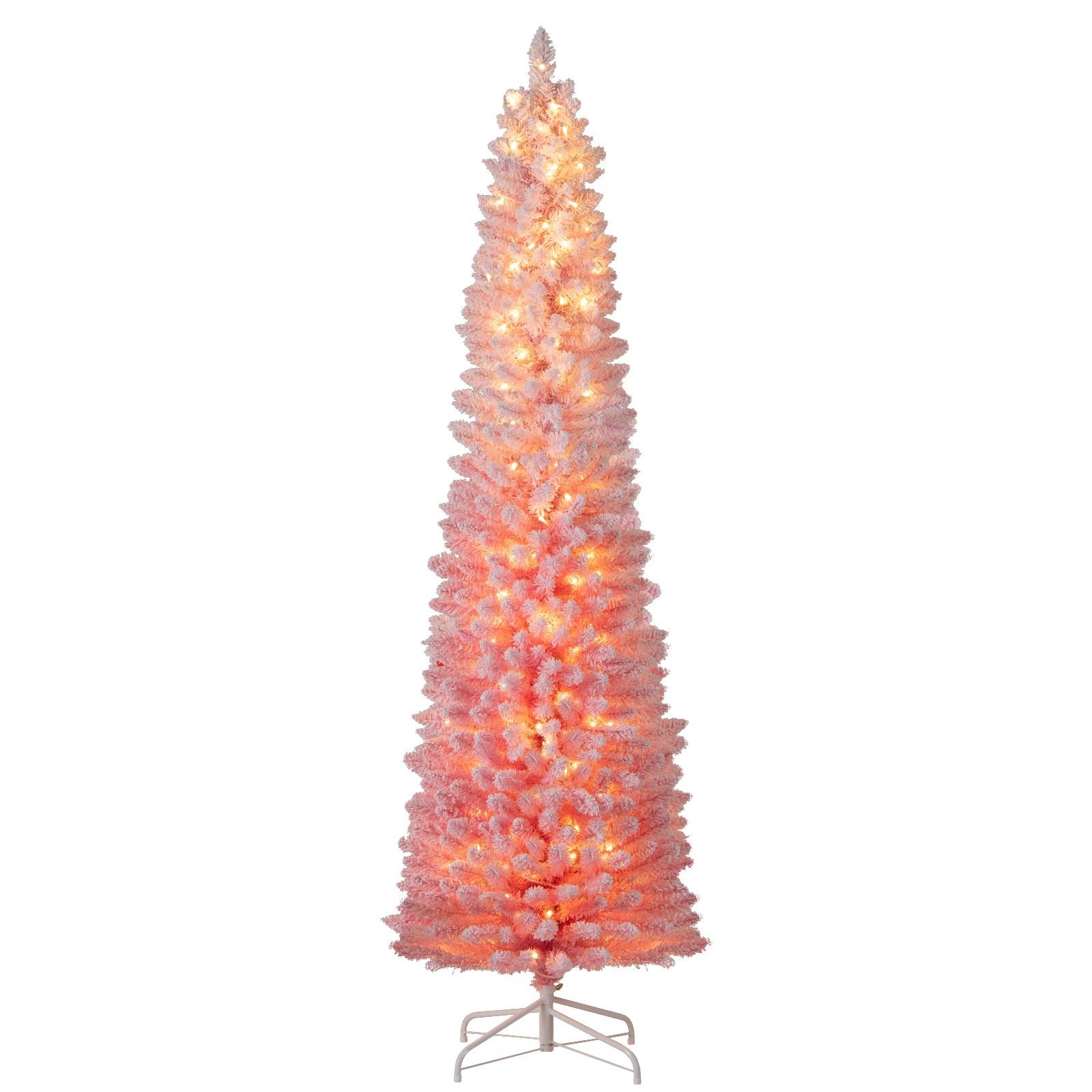 SlickBlue 7 Ft Pink Artificial Christmas Tree Prelit Snow Flocked Hinged Xmas Tree