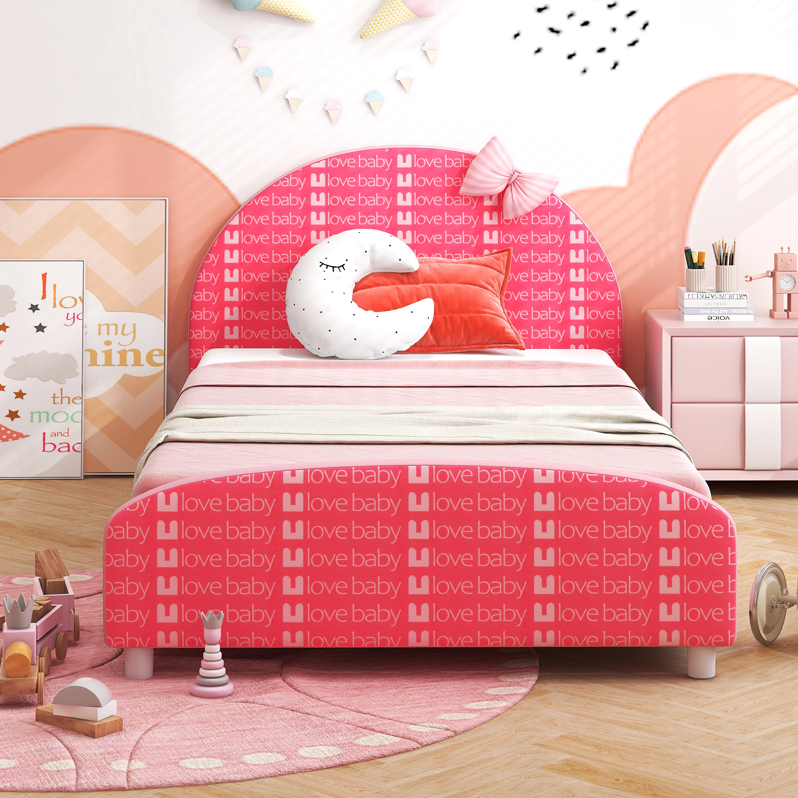 SUGIFT Kids Twin Size 400-lb Bed Capacity Upholstered Platform Bed Frame with Padded Headboard 80-in L 42-in W Pink