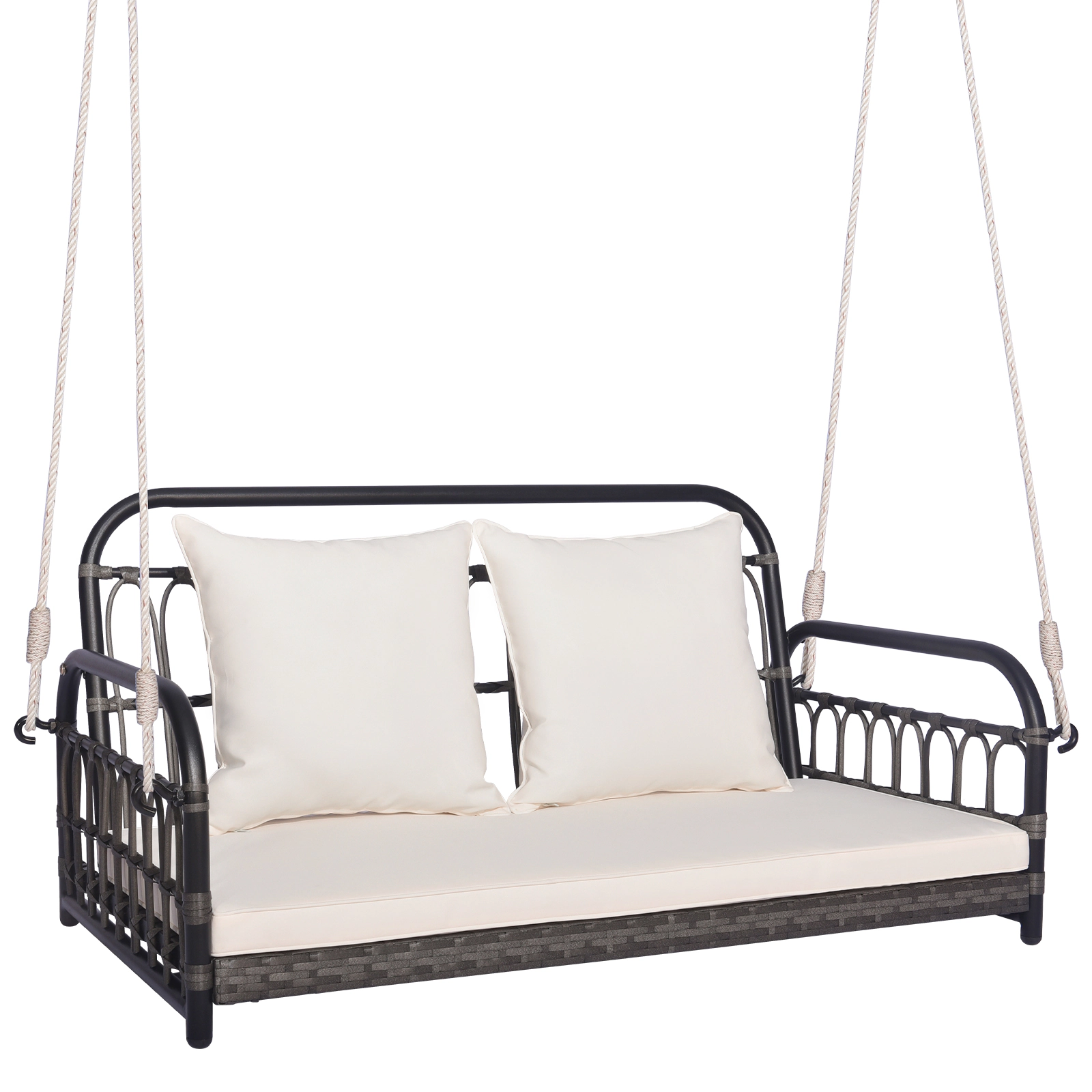 SUGIFT 2-Person Outdoor Hanging Swing Chair with Cushions 880-lb Capacity Mix Gray Frame Off White Cushions