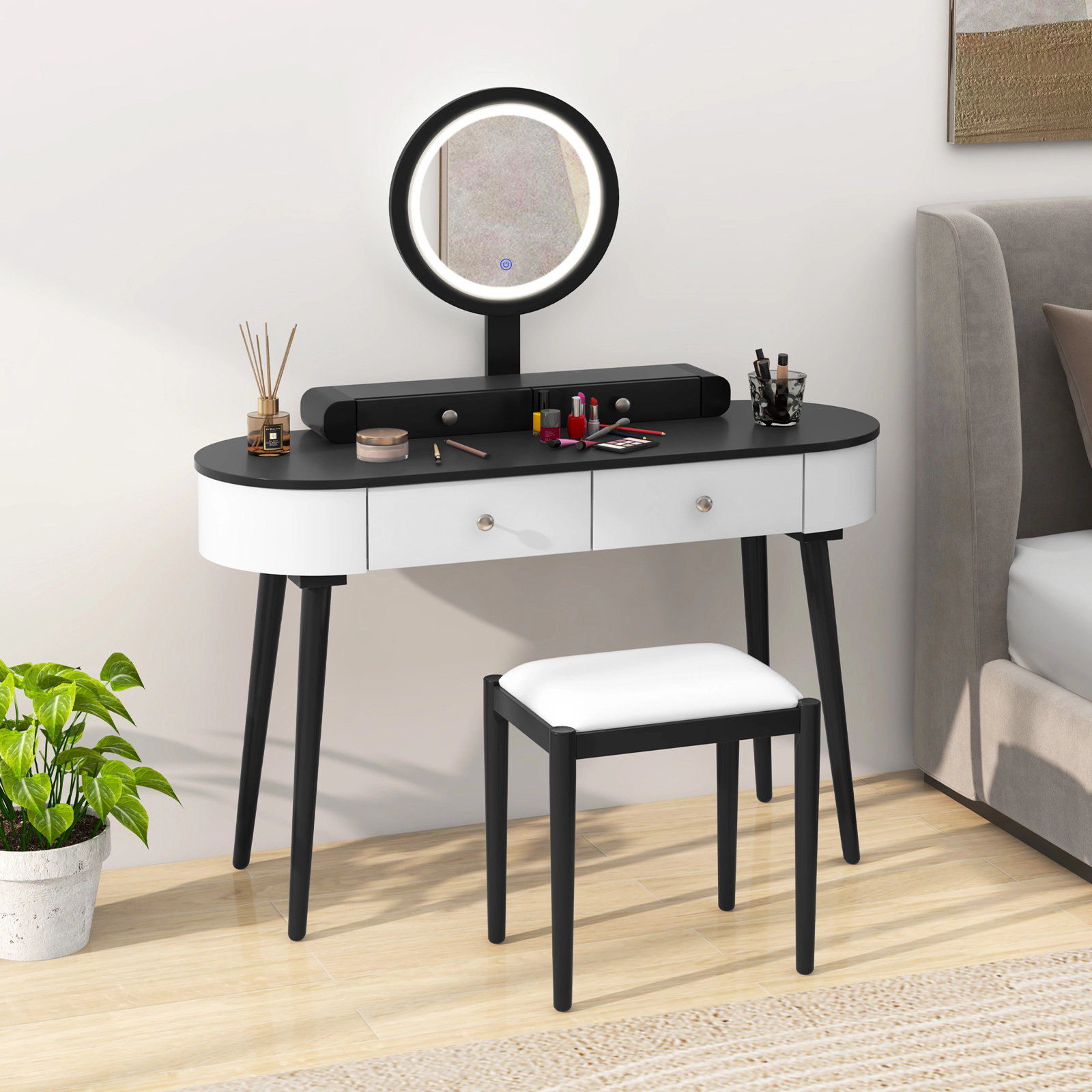 SUGIFT Makeup Vanity Table Set White and Black with Round LED Mirror and 3 Drawers