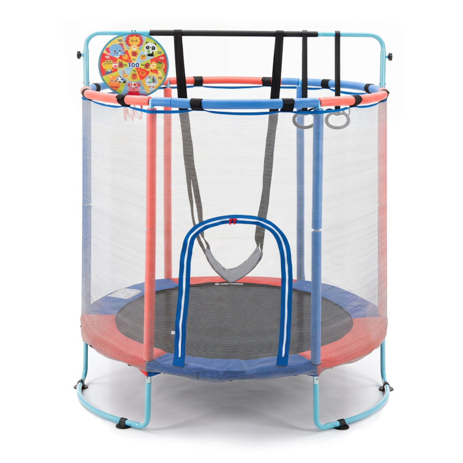 SUGIFT 55-in Kids Trampoline with Adjustable Gymnastics Bar & Basketball Hoop 110-lb Capacity Ages 3+ Navy/Purple/Yellow
