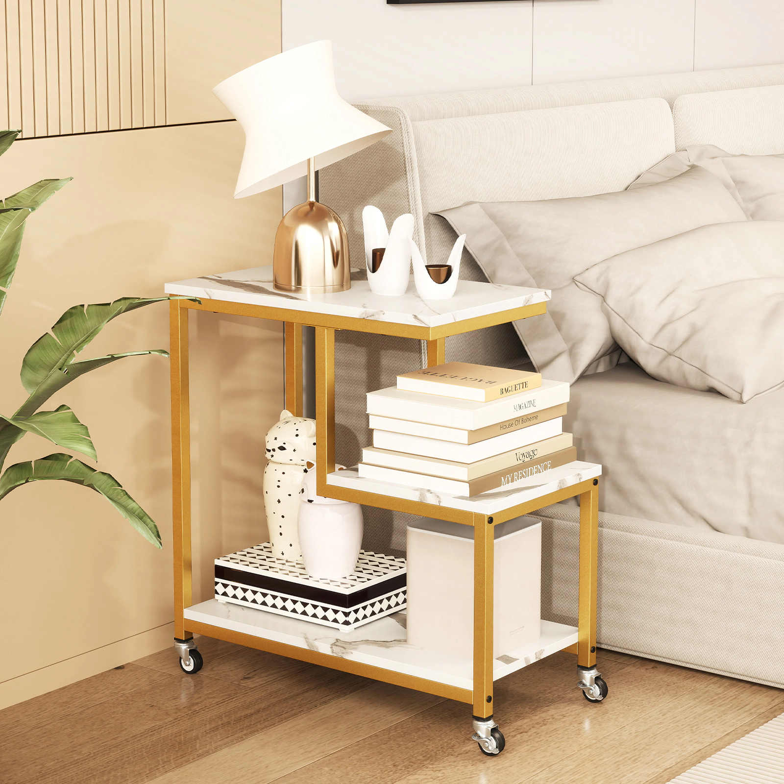 SUGIFT Gold 24-in 3-Tier Rolling Plant Stand and Side Table with Locking Wheels