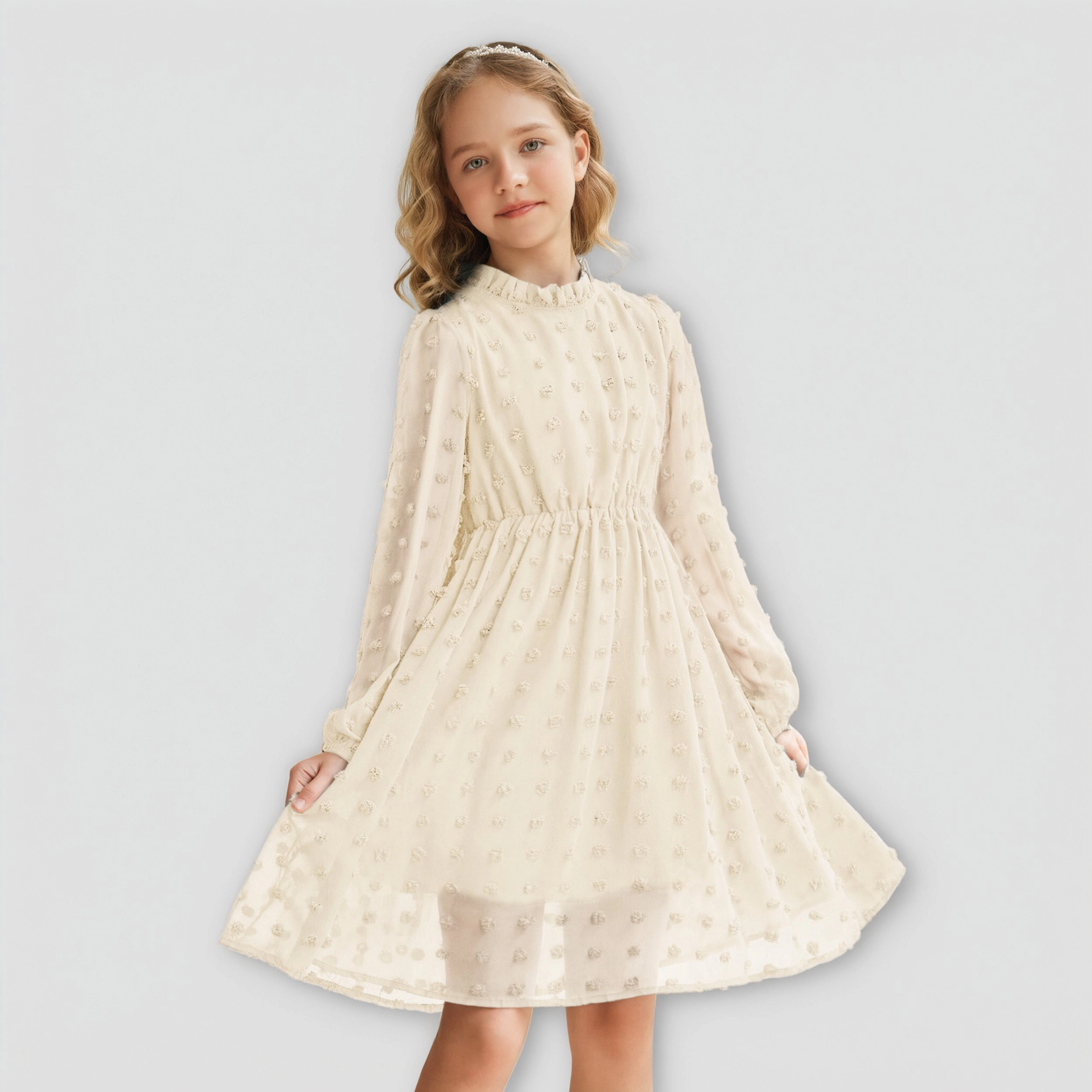 Arshiner Tween Girls Long Sleeve Fall Dresses Swiss Dot Casual Party Dress