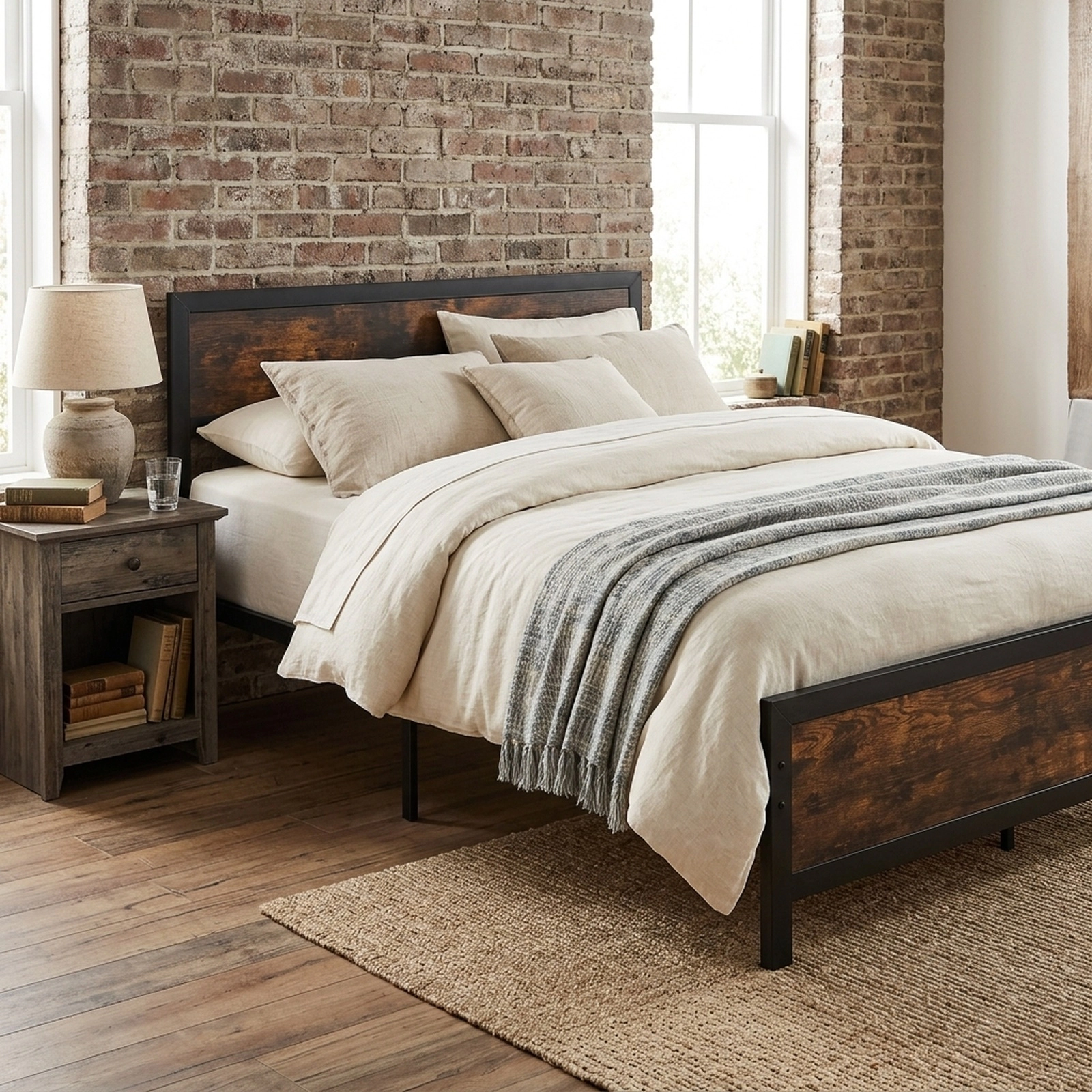 SUGIFT Queen Platform Bed Frame, Rustic Brown Wood-Grain Headboard and Footboard, Metal Slat Support, 660 lb Capacity