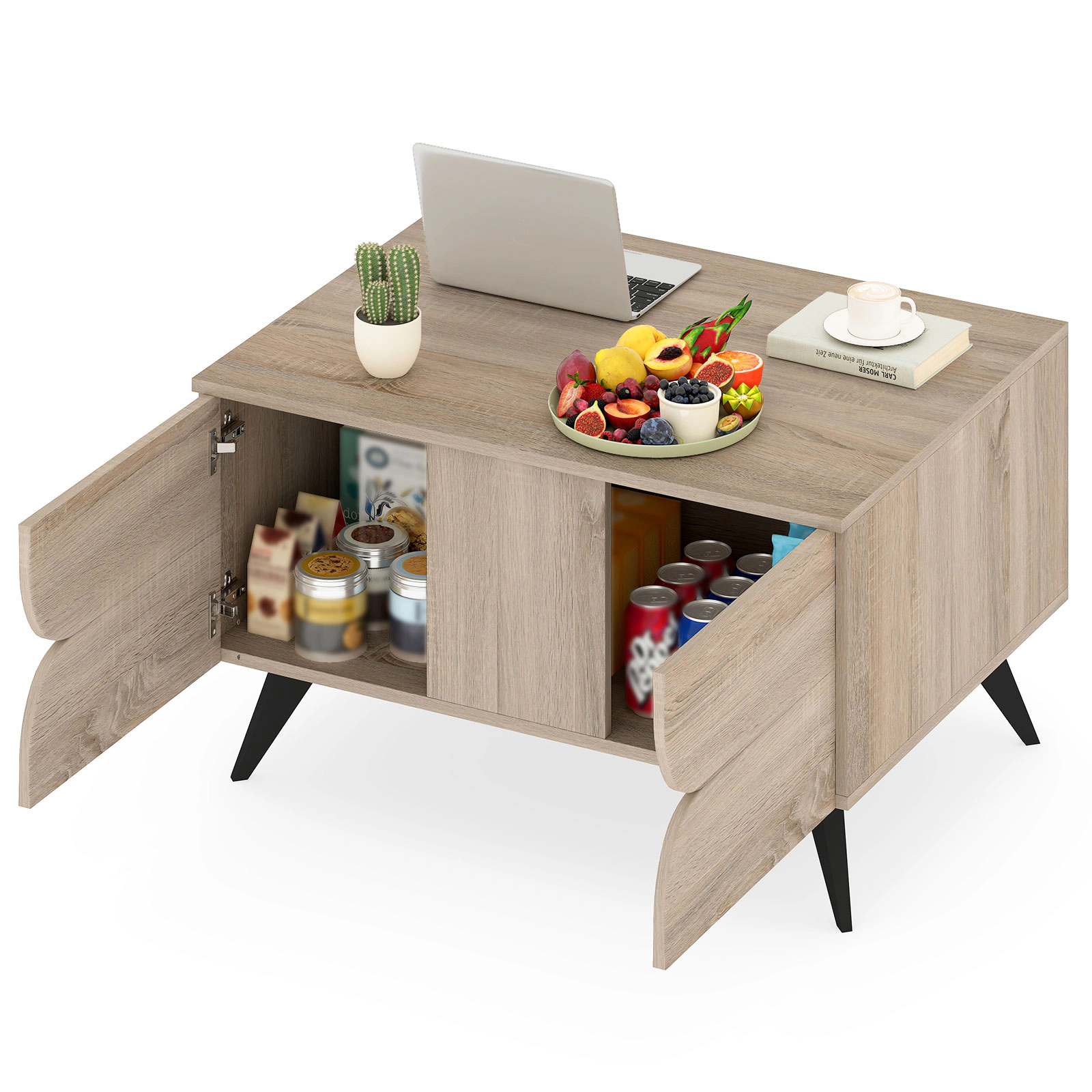 SUGIFT 3-Door Storage Cabinet Open Compartment MDF Coffee Table 31.5-in x 23.5-in x 18-in 88-lb Capacity Natural