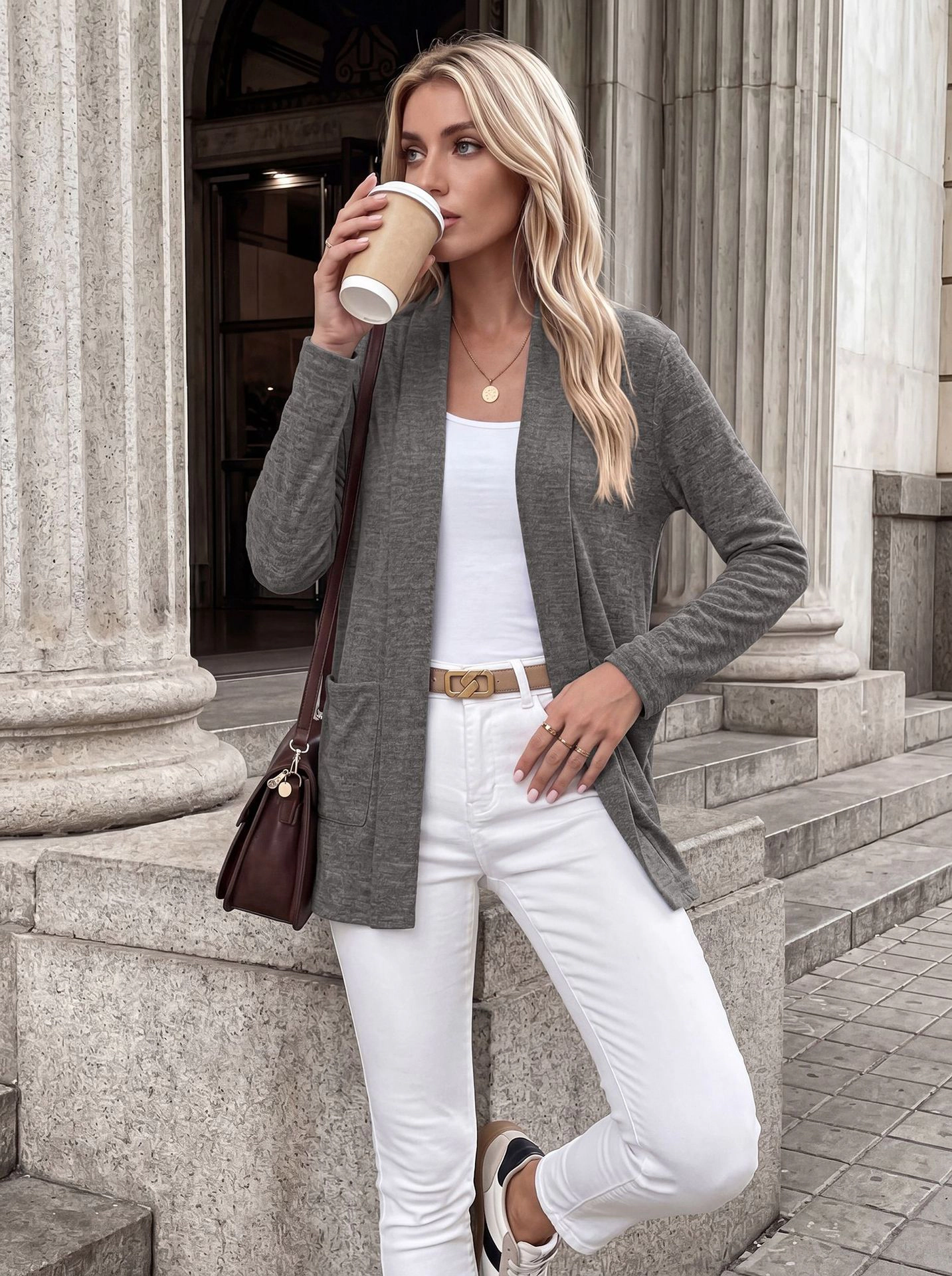 Womens Long Sleeve Open Front Casual Sweater Cardigans with Pockets