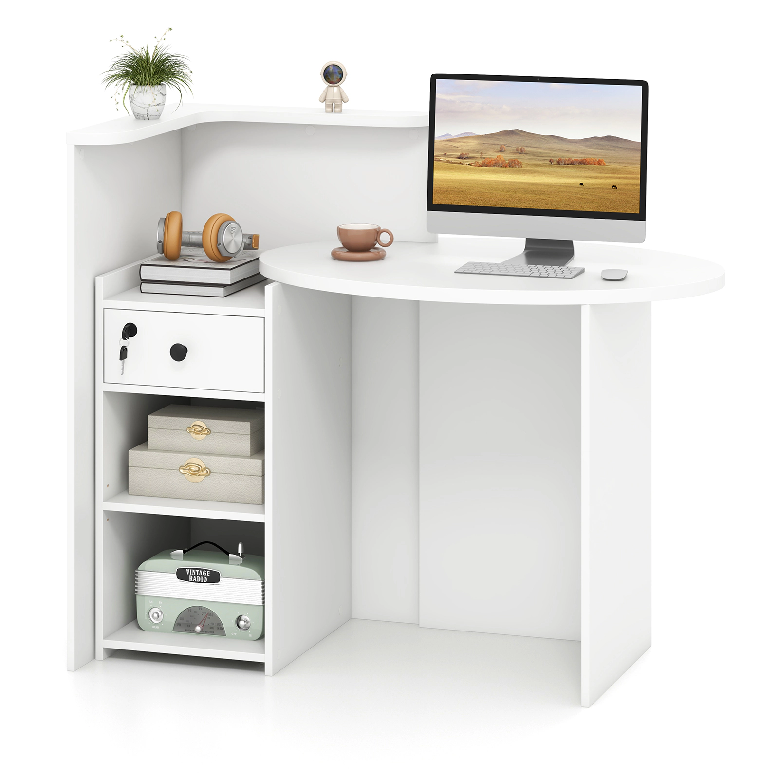 SUGIFT Reception Office Desk with Oval Desktop and L-Shaped Shelf 110-lb Desktop Capacity with Lockable Drawer White