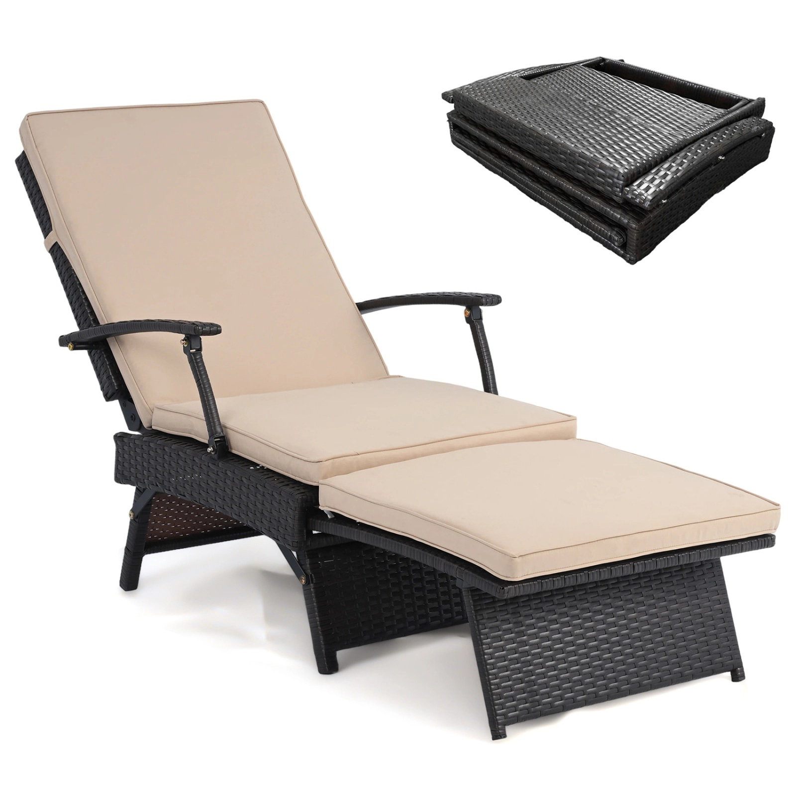 SUGIFT Folding Wicker Chaise Lounge with Slide-Out Ottoman 11-Level Adjustable Backrest 400-Lb Capacity Mix Brown