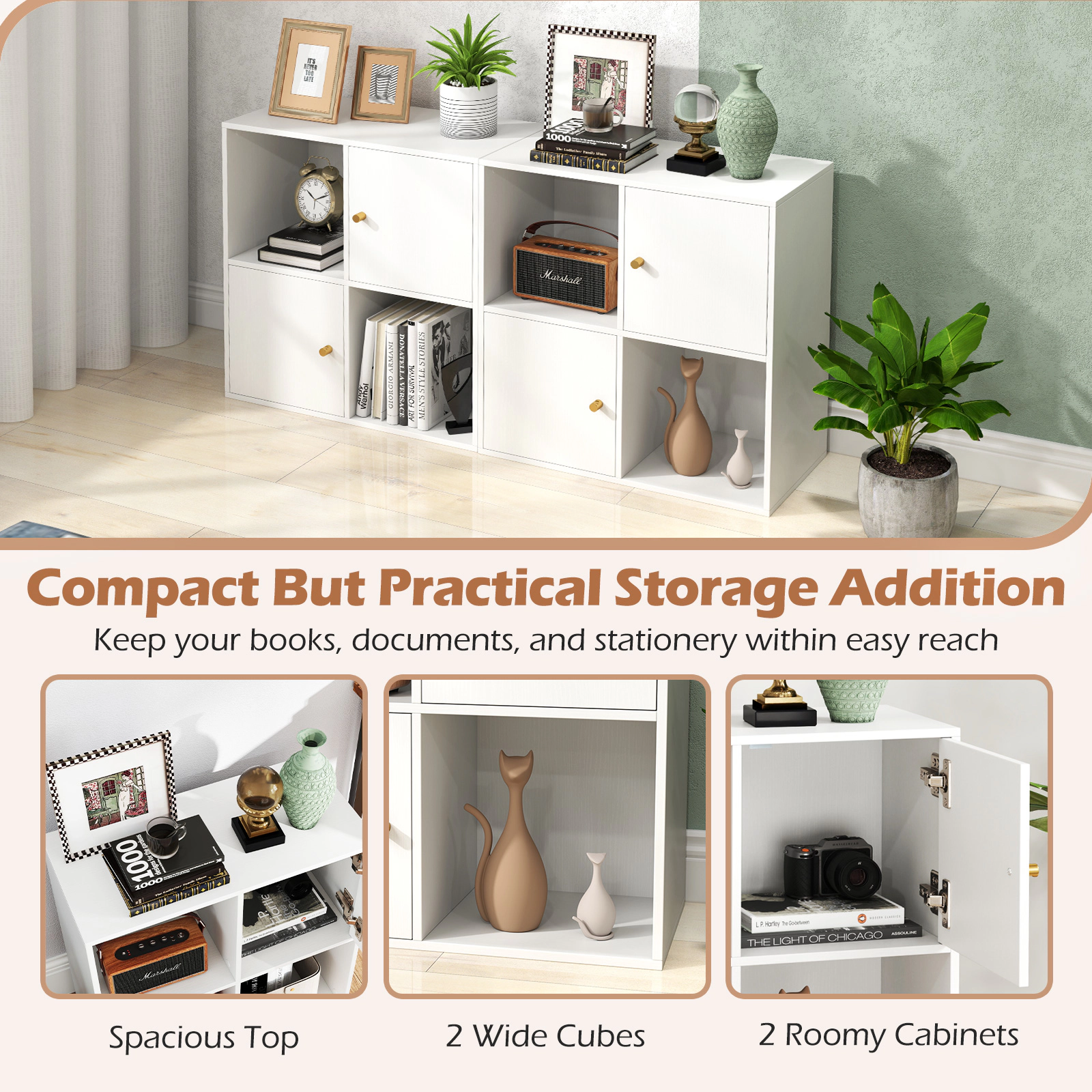 SUGIFT 4-Cube White 24-in Bookshelf with 2 Cabinet Doors Dual Anti-Tipping Kits and 45-lb Cubes