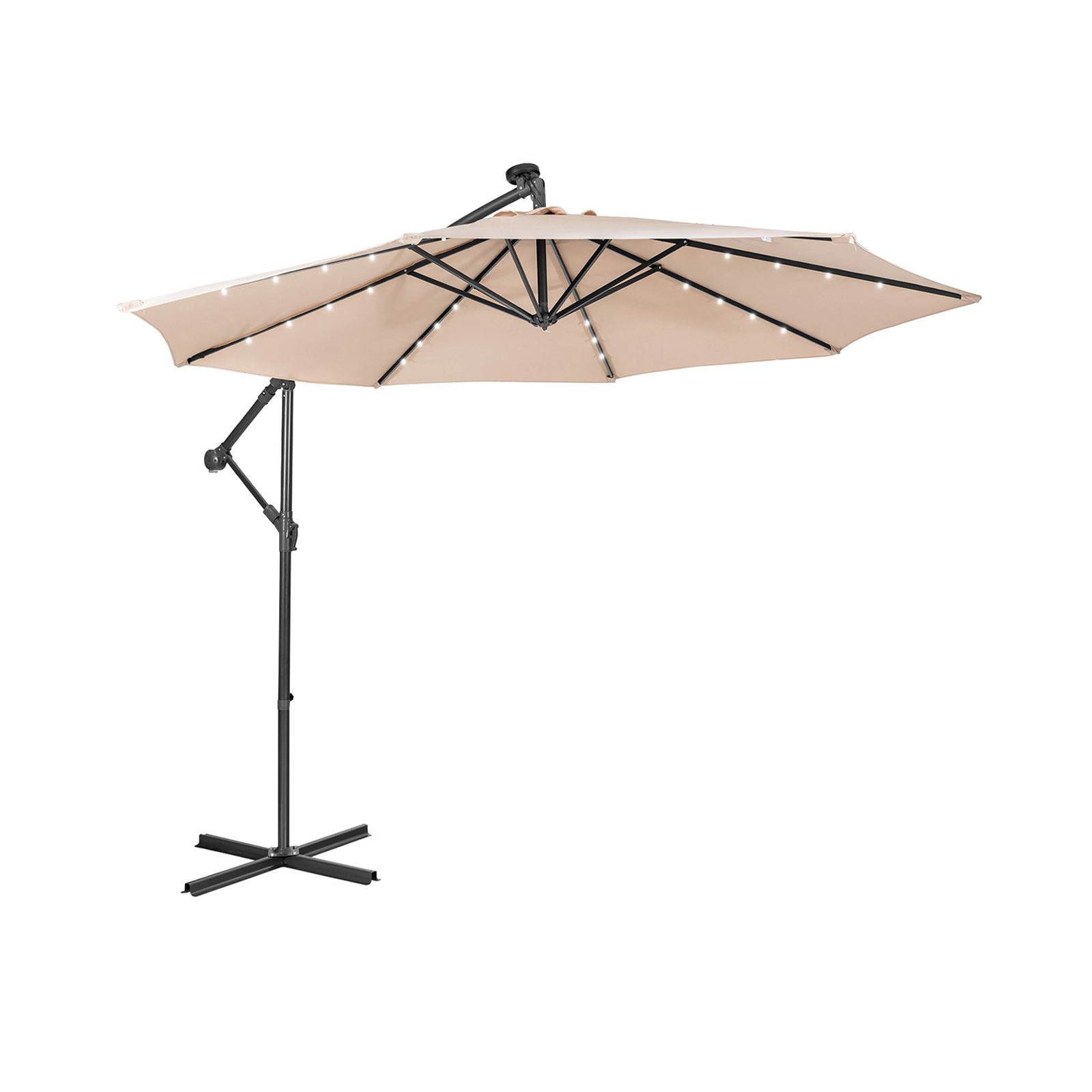 SUGIFT 10-ft Solar Powered Cantilever Patio Umbrella with Crank Tilting System and 39 x 39 x 2 in Crossed Base Beige