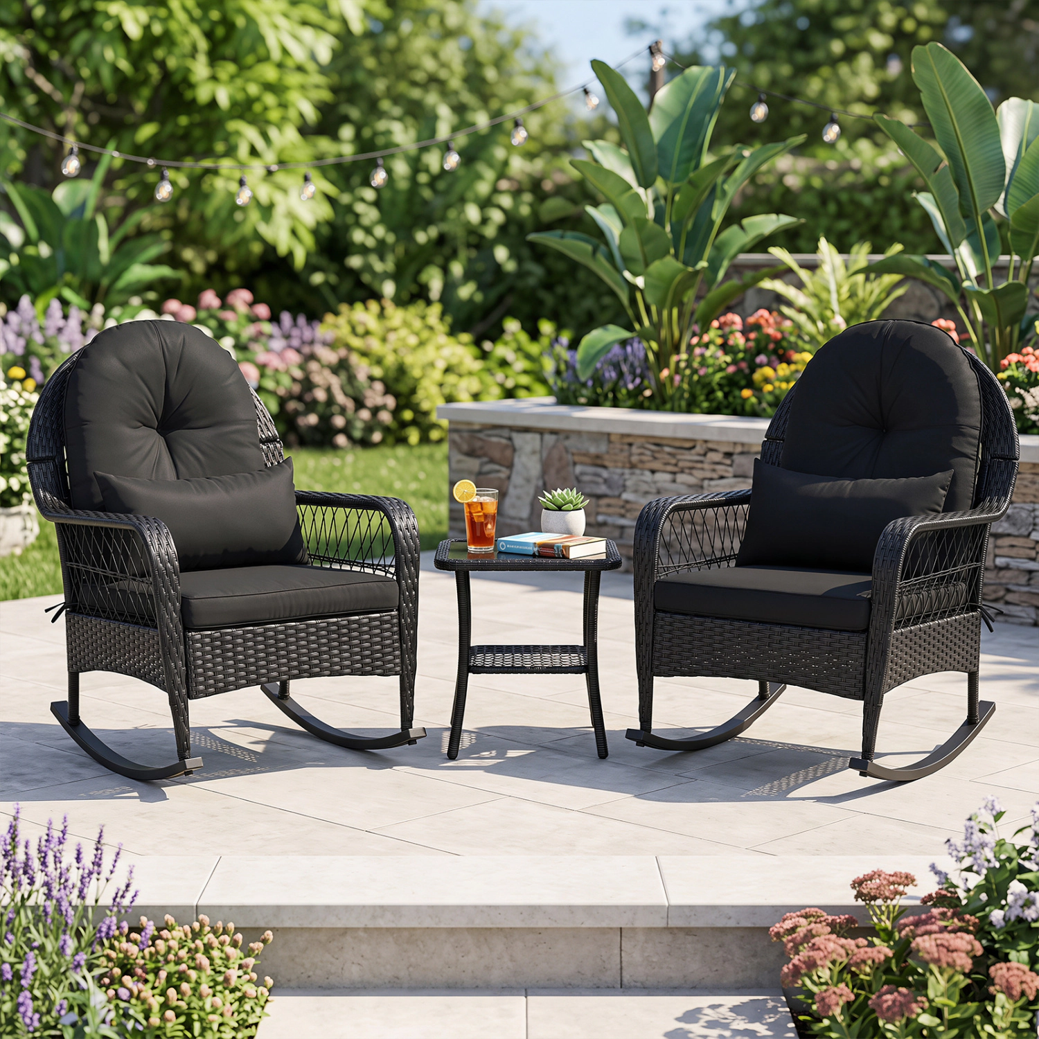 LJG Outdoor Wicker Rocking Chair with Anti-Tip Stoppers and Thick Cushions for Porch